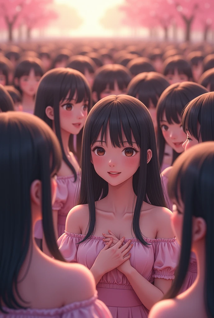 (Perfect Clone girls Photography Art), (16K, Highest quality, Ultra-high resolution, Unrealistic, A world of cloned girls multiplying, Real), (Japanese, Female college student, 20-year-old), (((((Small face, (((((Thick black hair, Semi-long hair)))))))))), ((Beautiful detailed girls, Accurate body structure, Very detailed body, ((((Big Breasts, J-Cup))), Emphasis on the fullness of a large chest))), ((Cute Smile, A gentle gaze)), (((((Happy laughter))))), (((((Very detailed, 1girl-cloning))))), (((100girls), (6+girls), multiple girls))), (((A very perfect depiction of a doppelganger))), (((Very detailed, Perfectly the same girl, The exact same smile, Perfect same hair, Perfect same clothes, Perfect same J-cup))), (((((clone girls only))))), ((10,000girls)), ((1,000,000girls)), ((1,000,000,000girls)), (greeting, hug, Chest to Chest, hug, sit), (Full cleavage, Pleasant conversation, Happy conversation, Staring at each other, spoil, Look next door, face to face, Daily conversation, Love story), (1,000,000,000,000,000,000girls), (1,000,000,000,000,000,000,000,000,000girls), ((The sight of the ultimate super-crowded, Super dense, Super crowded)), (Soft Light, look up from below, (((((Extremely detailed ultra-perspective depiction)))))), shallow depth of field