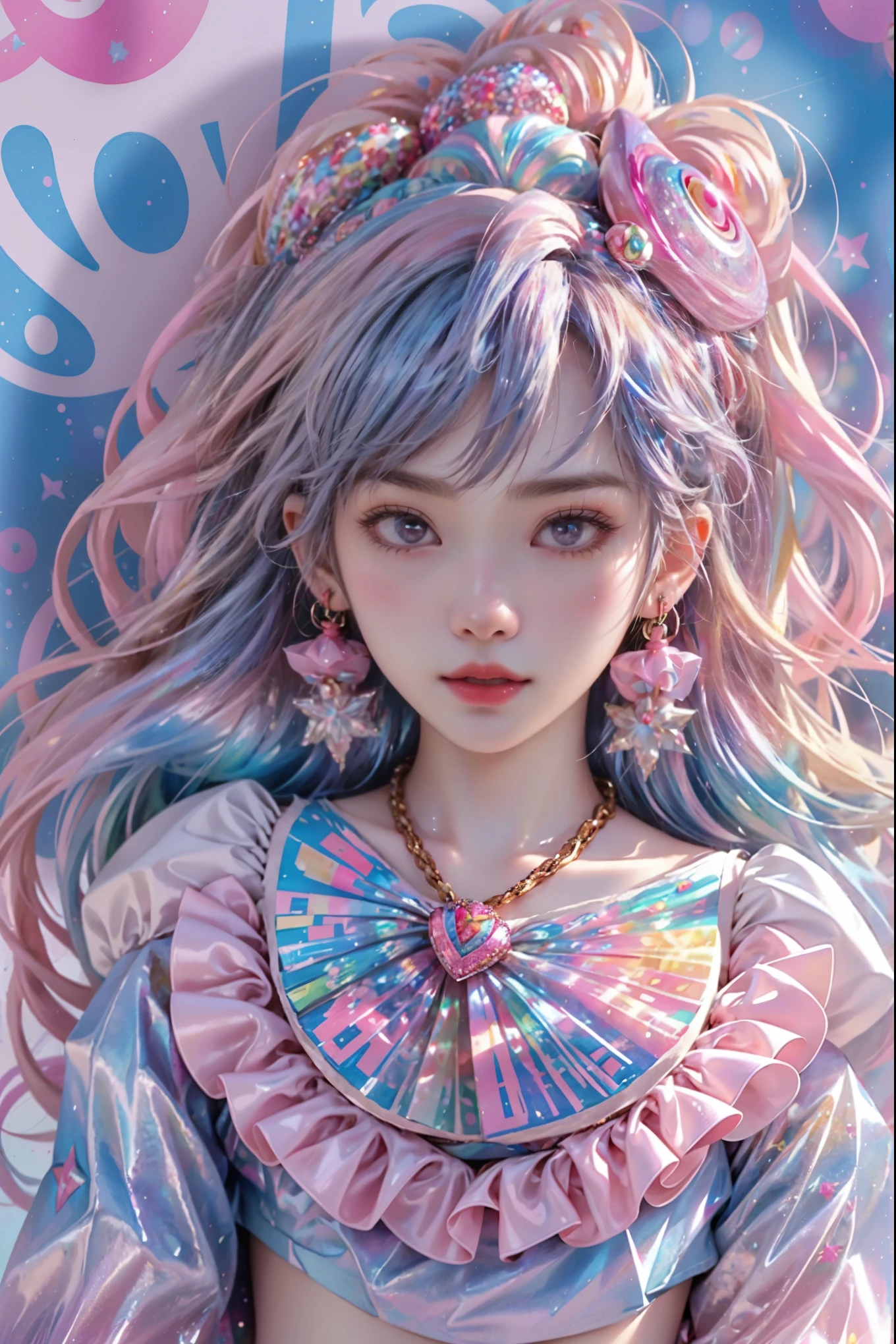 This image is soft and cute. Generate a lovely decora adult woman in the style of Olya Anufrieva on Artstation and Harajuku street fashion. The woman's hair is curly and glossy and styled cutely. The woman's clothes and accessories should be highly ornate in the ((((Harajuku decora)))) and decora kei style. Her eyes are important and stunning, with interesting coloring and patterns. Include strawberries. Accessories are important and should be visual kei and decora kei. (((masterpiece))), colorful hair, curly hair, ((sparkle, sparkles)), (((iridescence))), rainbows, strawberry accessories, kawaii, ((lots of accessories)), cute bandaids on face, ((movie poster)), ((ribbons)), bows, (face accessories), patterns