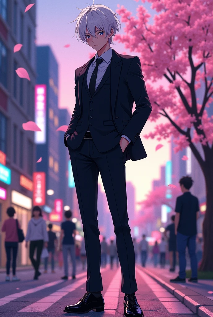 Man
Anime
White hair
Wearing a suit
Tall
Fair skin
Baby face

