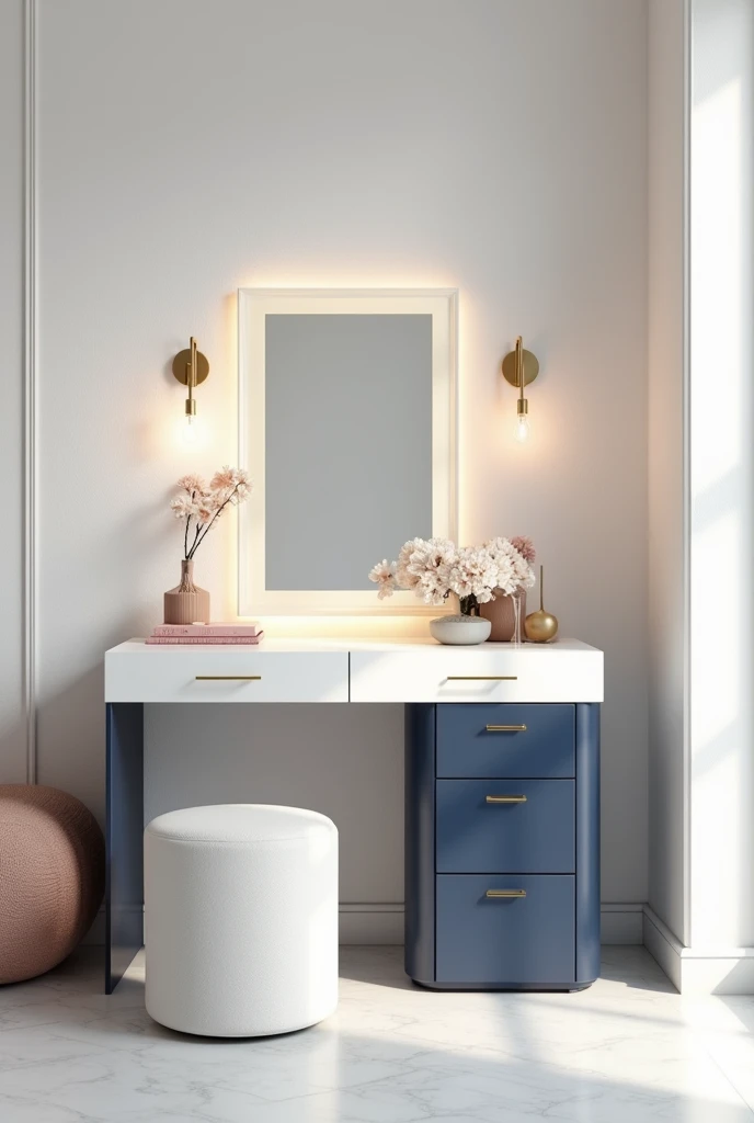 Professional 3d architecture rendering design of modern and gold French design for matte white  and dark blue makeup table with beautiful mirror and white wall and elegant accessories and white mirror 