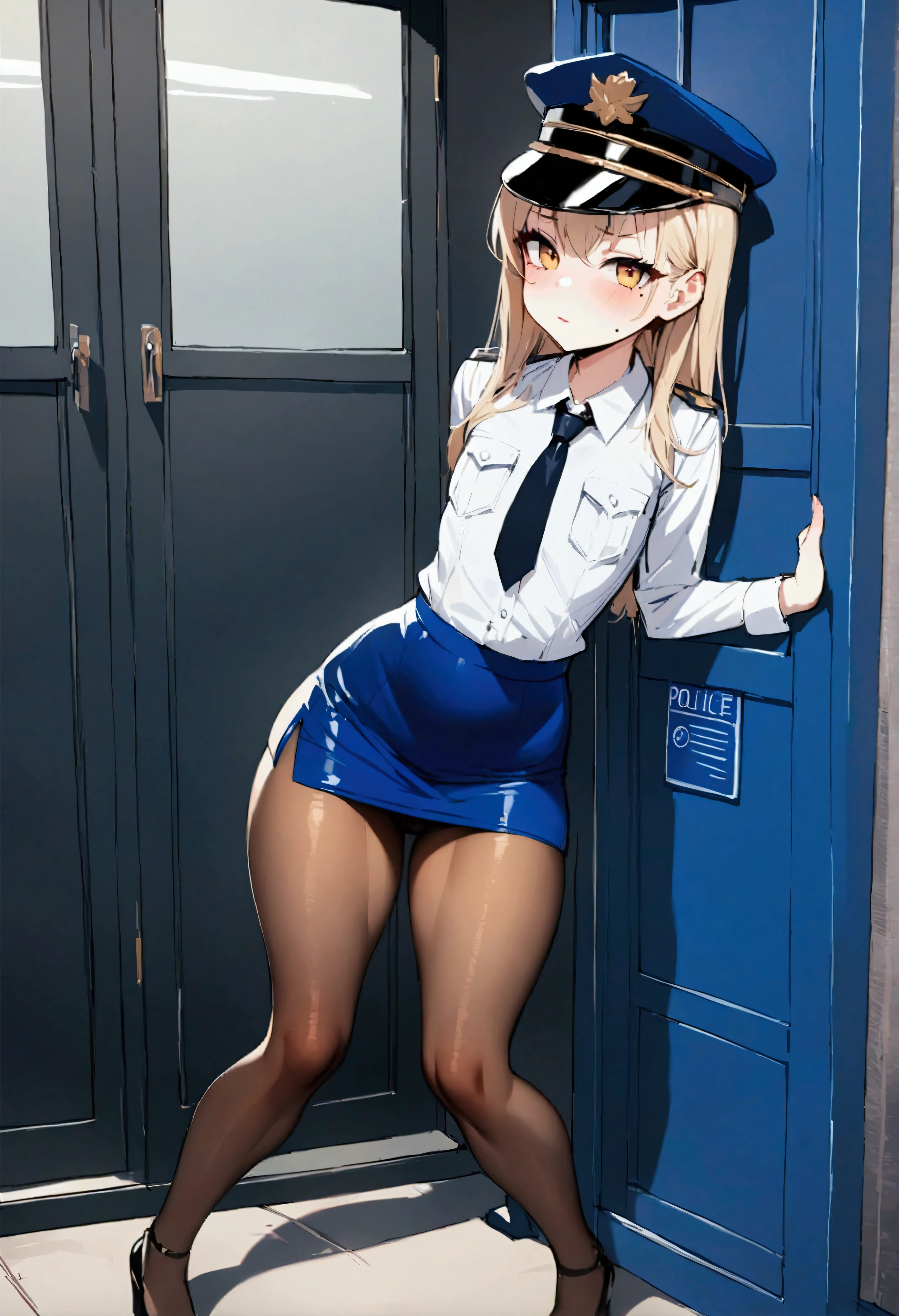 NSFW,masterpiece,Highest quality,High resolution,Very detailed,Girl,Young face,mole,Short height,Police Officer,hat,mini skirt,Pencil Skirt,pantyhose,Heel,police box