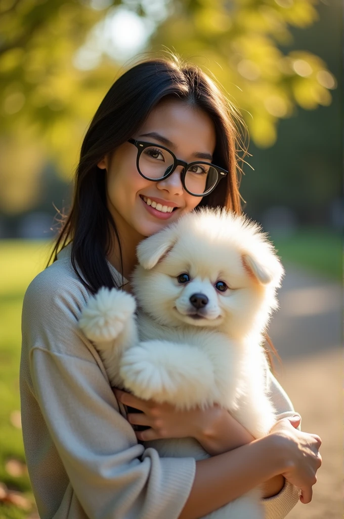 Glasses、Hair parted in the middle，Holding a white teddy dog