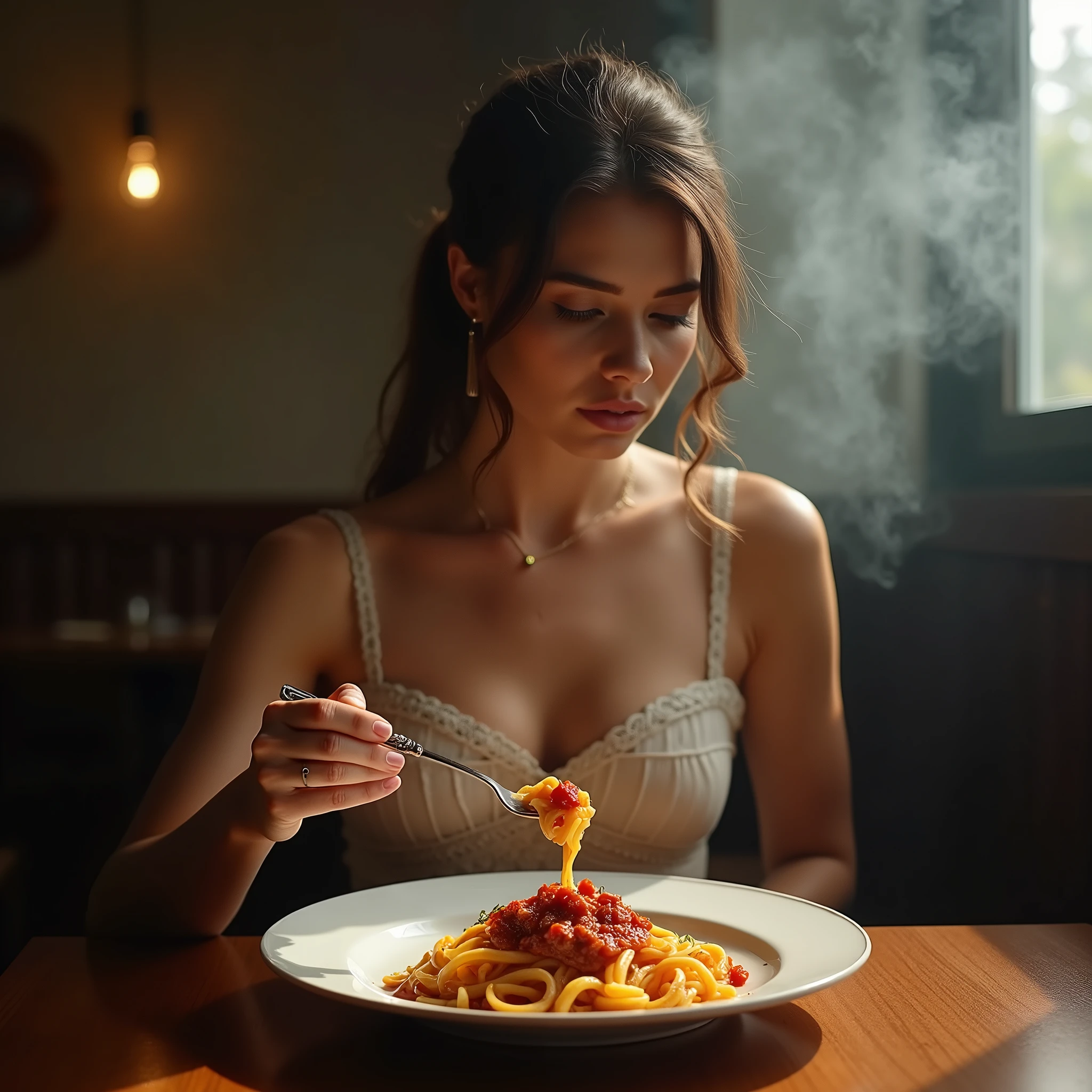 A stunning brunette Italian woman, Knotted hair at the back with a simple wooden stick, dressed in a sober and simple housewife dress, with a balconette neckline (The hem of the neckline is embroidered in white. On the edge of the neckline there is a thin white embroidery), sits at a table of a home cooking restaurant. (She looks at fork:1.5). (focus on fork:1.4). She's about to indulge in a gourmet dish, Macceroni with tomato meat sauce, a beautifully plated culinary masterpiece with artistic presentation. The woman is holding the fork intent in the act of skewering a succulent macaroni soaked in meat sauce. Slightly open mouth. Her eyes looking at maccheroni light up with excitement as she takes a delicate bite, savoring the flavors. The soft ambient lighting of the restaurant highlights her graceful posture, creating a perfect blend of luxury dining and sophisticated beauty. , realistic, masterpiece, anatomically correct, textured skins, high details, high quality, [[photorealistic Chromatic aberration]], digital photograph, HDR, high contrast, (cowboy shot), realistic hands. [Entire scene is surrounded by mist, evoking a mysterious and eerie atmosphere. The lighting is dark and atmospheric, with smoke and fog adding a touch of sinister ambiance. Best quality image, HDR enhancement, showcasing the utmost level of detail and realism]. [8K, Best Quality, (highly detailed CG colored unity 8k wallpaper), (best photo), (best shadows), isometric 3D, octane rendering, ray tracing, highly detailed, (Best quality, 4K, 8k:1.2), absurdity, ultra detailed, (realistic, photorealistic, photorealistic:1.37), complex parts, HDR, (complex parts:1.12), (hyper detailed, hyper realistic, Soft lighting, spicy:1.2), (complex parts, Hyper detailed:1.15). Blurred foreground. (backlit), masterpiece, high quality, brightness, chromatic aberration, foggy smoke, shadows, contrast, (warm hue, warm tone), high details, natural reflections]. many details. Cinematic lights. photo