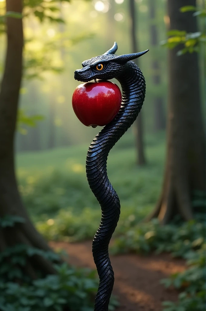 A black snake-shaped staff that has an apple in its mouth