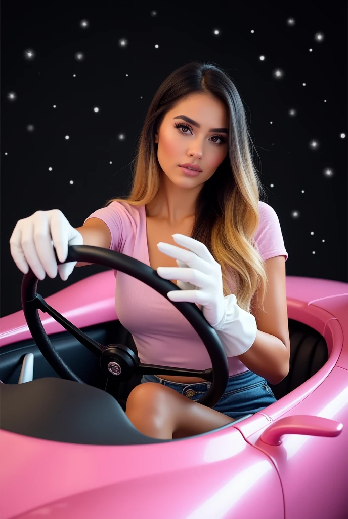 Mulher com cabelo grande liso blackw e loiro franja bonita ela está com uma blusa rosa com luvas grandes brancas short curto dentro de um carro futurista Rosa ela está usando anéis nos dedos de luxo (Silver rings) She is holding the car's steering wheel
Background: blackw