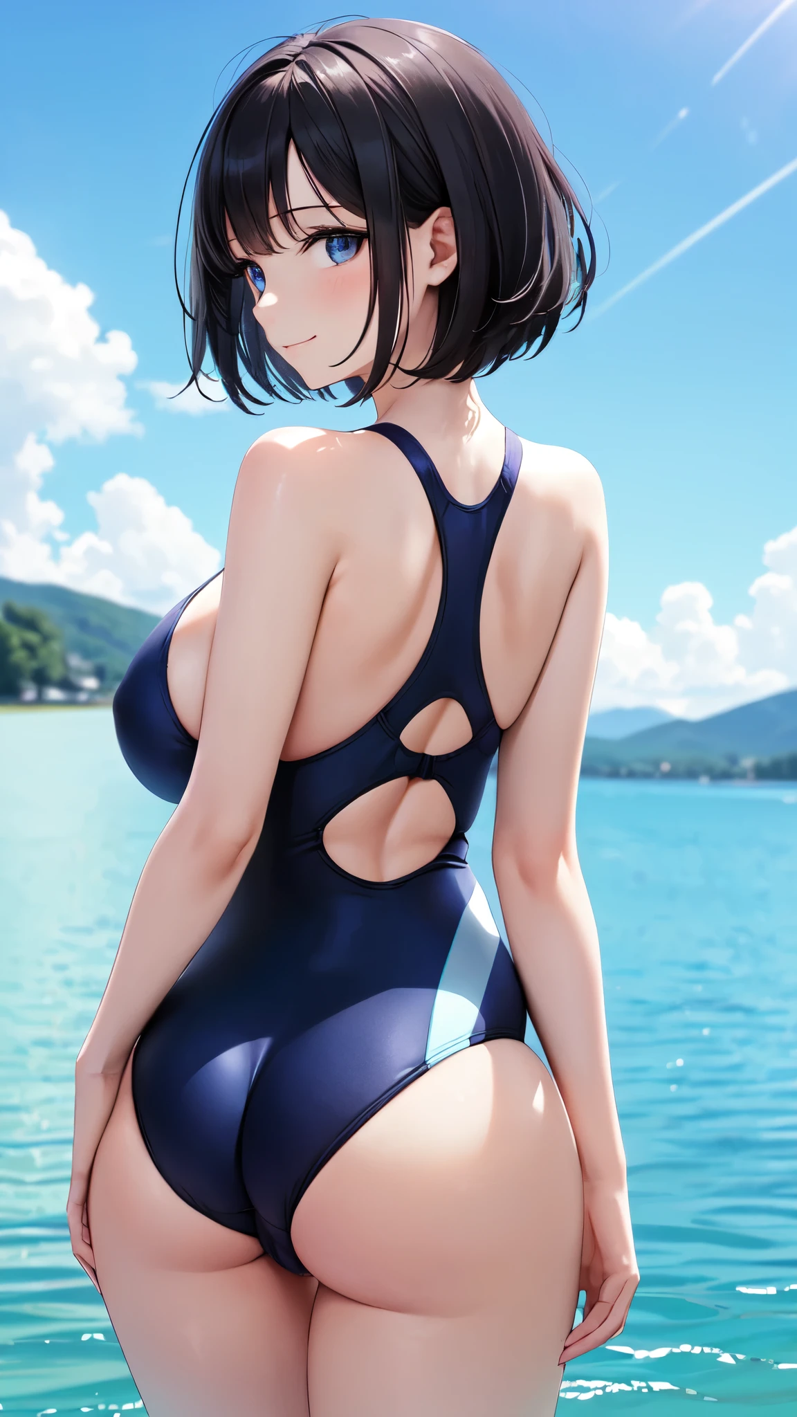 ((masterpiece,best quality,ultra detailed,high resolution)),(daytime,clear weather,front light),looking viewer,((solo,beautiful-woman)),(black hair,straight hair,himecut),(beautiful detailed face,beautiful detailed eyes),(finely detailed skin,fair skin),slender,light smile,(navy competition swimsuit),(on the beautiful lake,beautiful sky),(big breast,perky breast),((from behind)),(cameltoe),