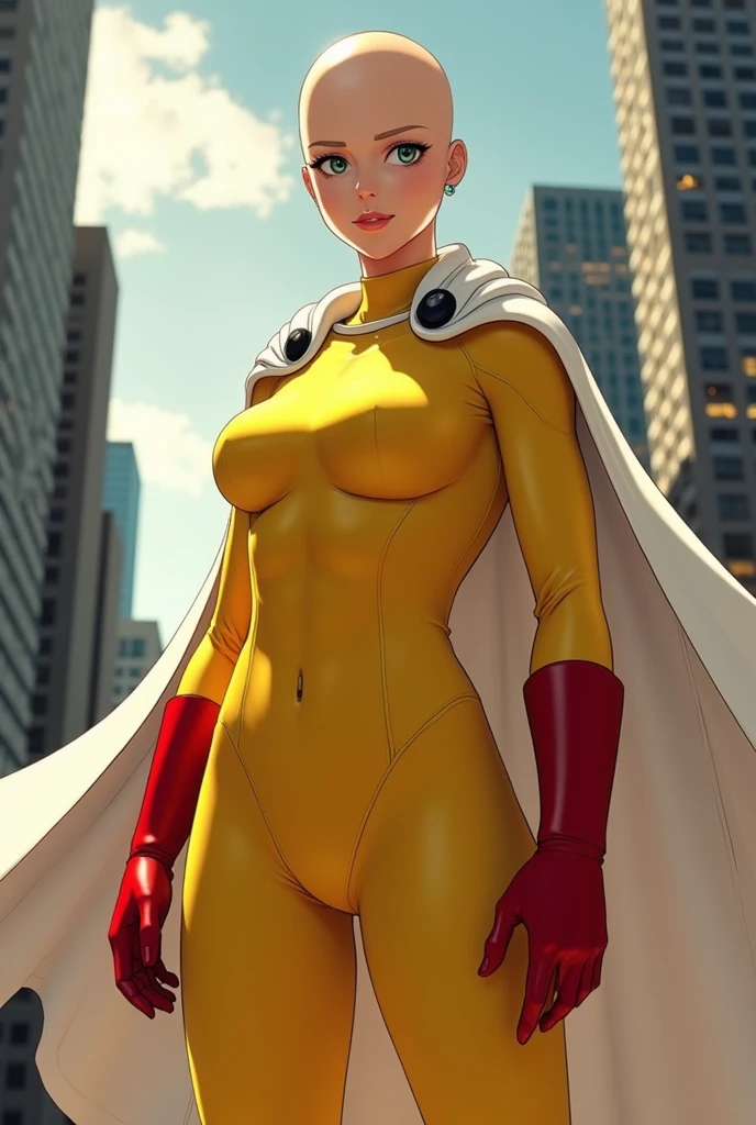 L'image de Saitama femme dans le film One Punch Man. Belle, costume jaune, manteau blanc, gants rouges, photo réelle.