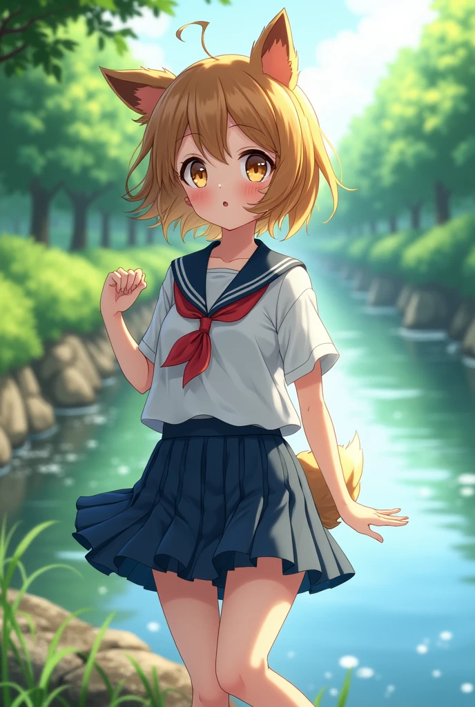 anime　beautiful girl　13 years old　Cute　Dog face　slender　Waistline　B cup　Short Hair　uniform　Riverbank　Japanese
