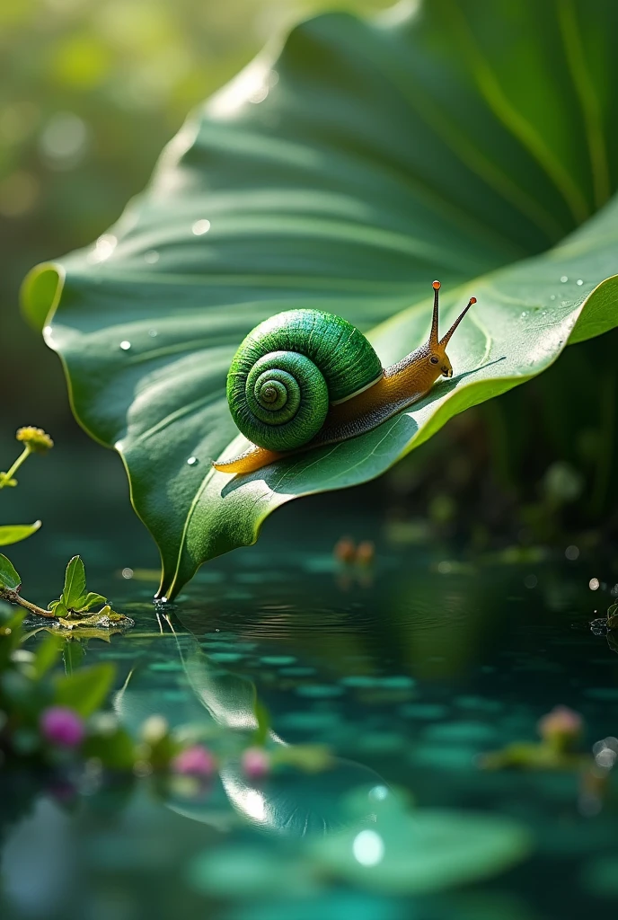 An snail on a leaf trying to touch water under the leaf