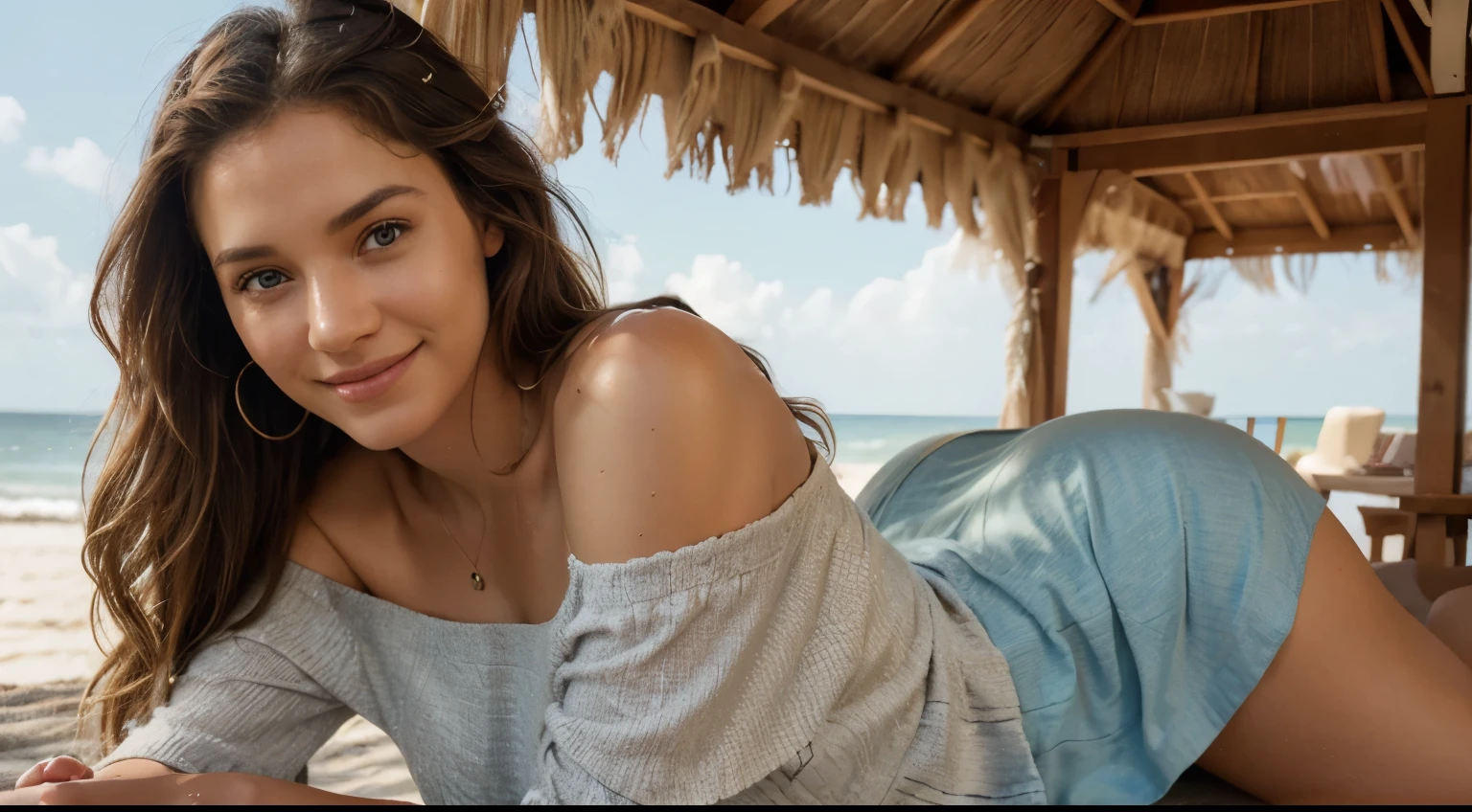 (photorealism:1.2), beautiful american woman, wearing loose off-shoulder top, long hair, outdoors, soft lighting, relaxed pose, realistic, intricate details, normal clothes, warm colors, beach, smiling
