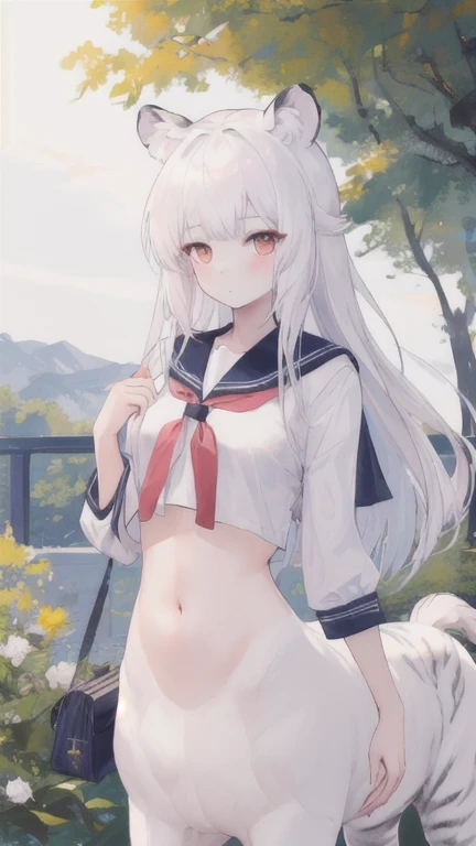 (best quality, masterpiece), 1 girl, centaur, I beg, White skin, Korean schoolgirl, ,black pink, exposing the abdomen, beautiful girl perfect, White tiger photo, 완벽한 White tiger photo