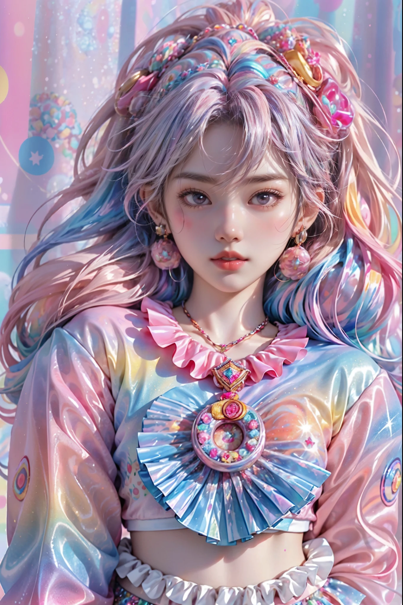 This image is soft and cute. Generate a lovely decora adult woman in the style of Olya Anufrieva on Artstation and Harajuku street fashion. The woman's hair is curly and glossy and styled cutely. The woman's clothes and accessories should be highly ornate in the ((((Harajuku decora)))) and decora kei style. Her eyes are important and stunning, with interesting coloring and patterns. Include strawberries. Accessories are important and should be visual kei and decora kei. (((masterpiece))), colorful hair, curly hair, ((sparkle, sparkles)), (((iridescence))), rainbows, strawberry accessories, kawaii, ((lots of accessories)), cute bandaids on face, ((movie poster)), ((ribbons)), bows, (face accessories), patterns