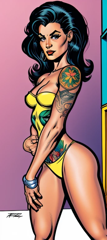 caricature of a woman with tattoos, cartoon, by Art Fitzpatrick, 1970s cartoon style,