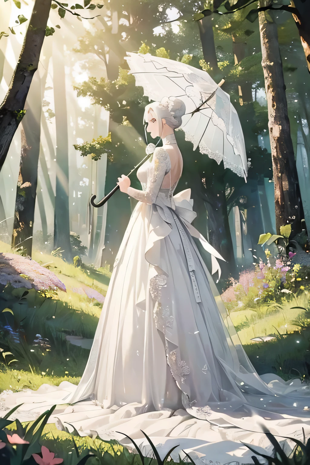 (full length woman), elegant, In a long white dress, with an umbrella in hand, (((White hair, Gathered in a bun))), flowers in the girl's hair, ((Forest in the background)), Forest Theme