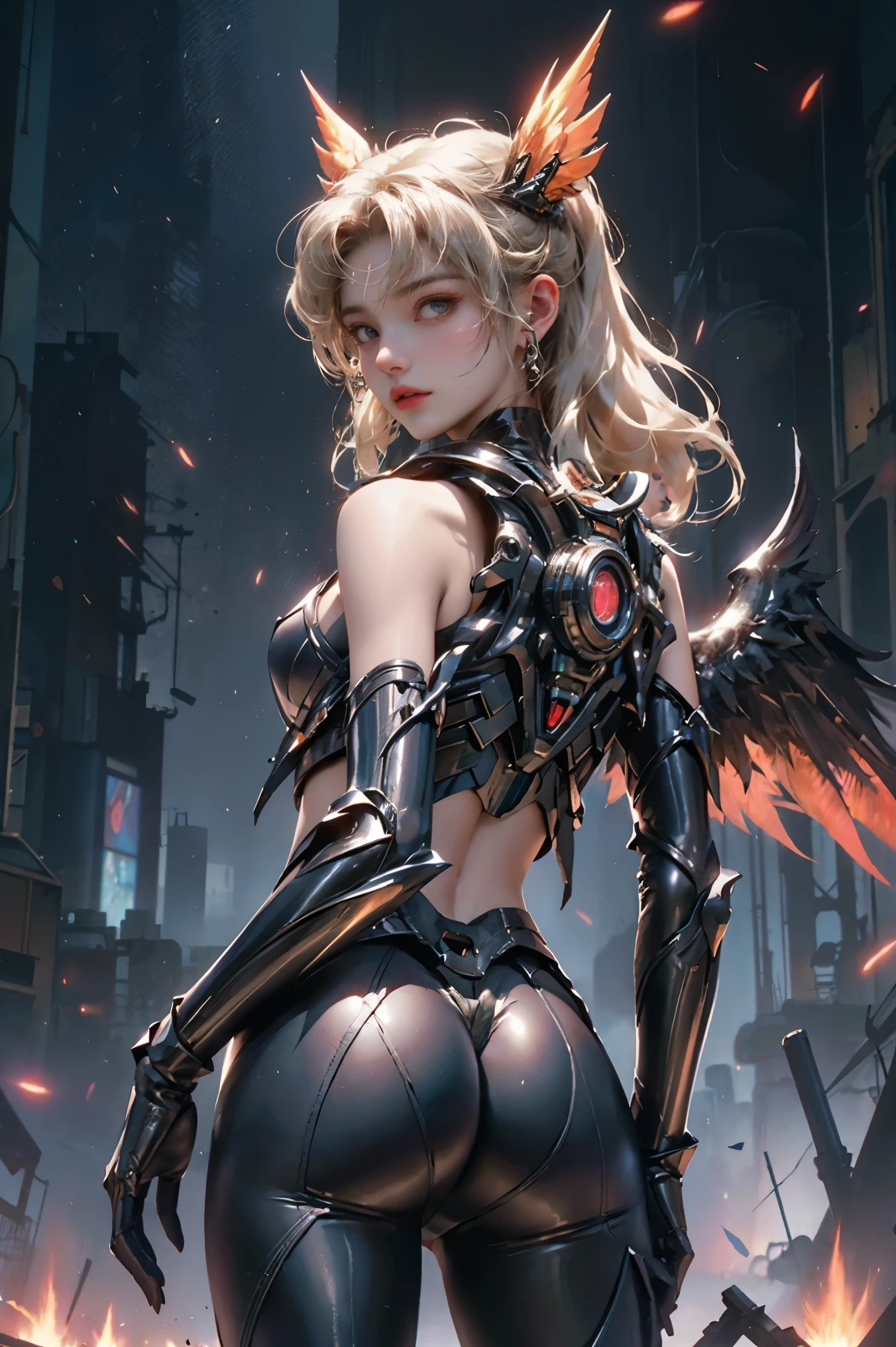 A striking futuristic portrait of a woman, dressed in sleek black attire, adorned with intricate mechanical details on her arm. She wears a technologically advanced helmet with wings extending from its back, giving her a powerful, almost angelic appearance. Set against a backdrop of a dilapidated urban environment, the city is enveloped by a large, circular portal or gateway, emitting a fiery, orange glow. Amidst the decay and advanced technology, this woman represents a blend of power and mystery, evoking a post-apocalyptic or cyberpunk atmosphere.