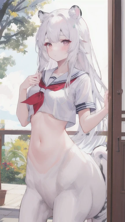 (best quality, masterpiece), 1 girl, centaur, I beg, White skin, Korean schoolgirl,  ,black pink, exposing the abdomen, beautiful girl perfect, White tiger photo, 완벽한  White tiger photo