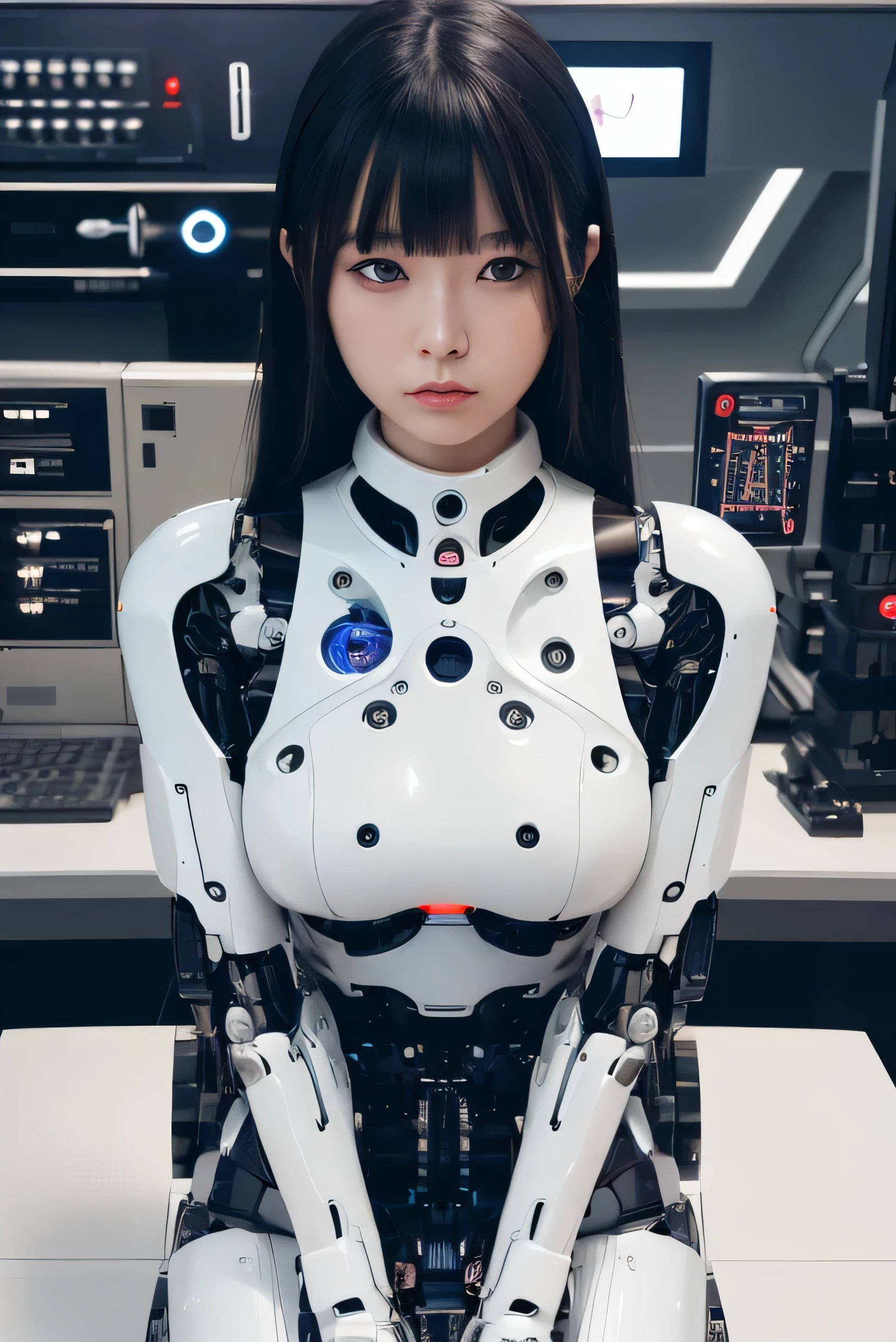 masterpiece, best quality, extremely detailed, Japaese Cyborg Girl,Plump ,navy pleated miniskirt,black tights,control panels,android,Droid,Mechanical Hand, ,clothes with a sense of mechanical technology, Robot arms and legs, Black Robot Parts,Black hair,Mechanical body,Blunt bangs,White abdomen,White robotics parts,tube dress,perfect robot woman,future laboratory,cyber pank,charging spot,android factory,robot factory,cyborg factory,long tube,thick cable connecting her neck,ceramic body ,blue eyes,smechanical body, android,robot humanoid,(Glowing Eyes Meme:1.2)