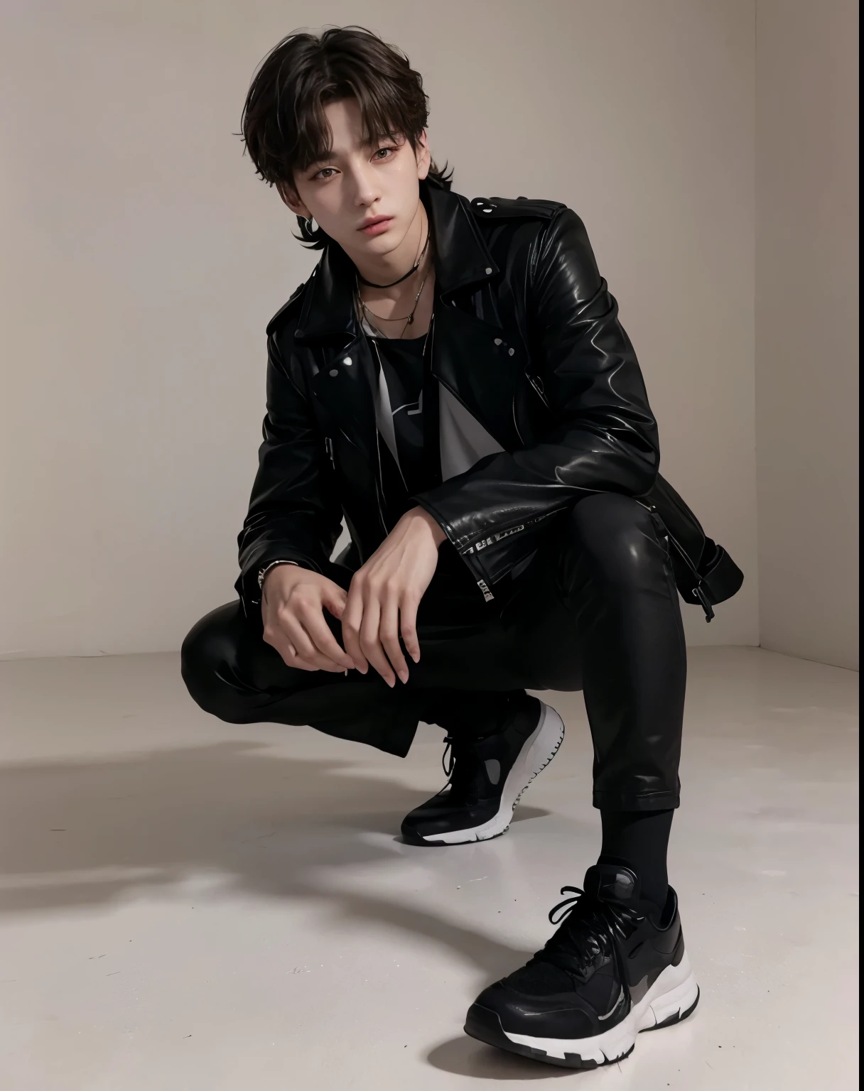 Jungkook Idol Jungkook, looking straight ahead, with black clothes, leather jacket