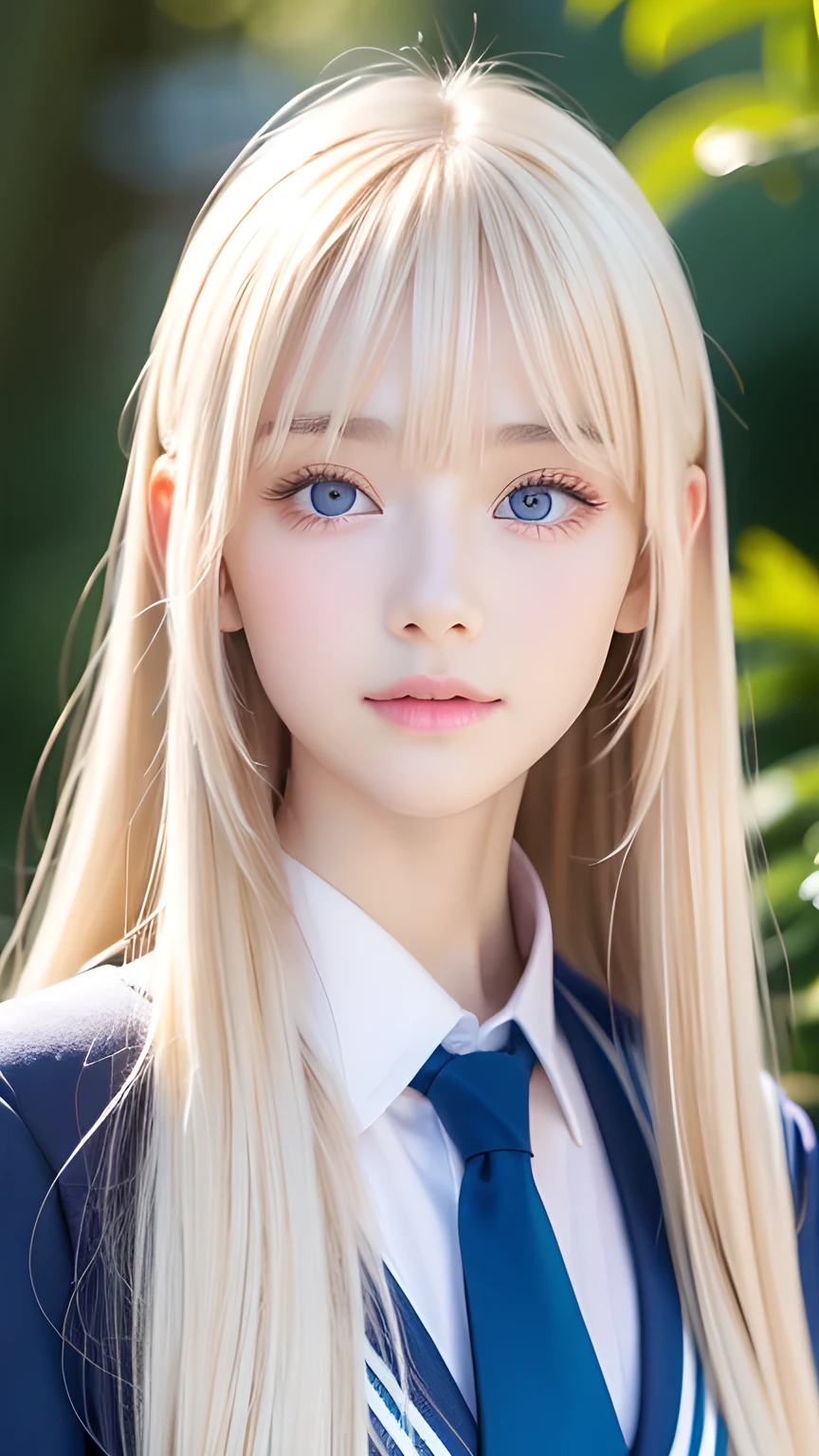 A stunningly beautiful Nordic girl, incredibly pale.、Super long blonde hair, Beautiful and pretty bangs that fall between the eyes、Very beautiful face、Bright expression、Very large, bright azure eyes that are as beautiful as gemstones., Bright, dazzling natural platinum blonde、Super long straight hair、Eyebrows behind the bangs、school uniform、School uniform、Textured white skin, High detail, Best Quality, 4K high resolution、Glowing Skin、Small Face Beauty、Round face、Very beautiful and pretty face、eyeliner