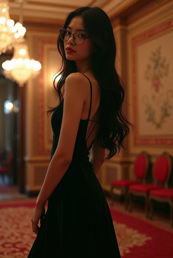 Asian Girl showing back, long hair, black expensive dress, wearing glasses, thick