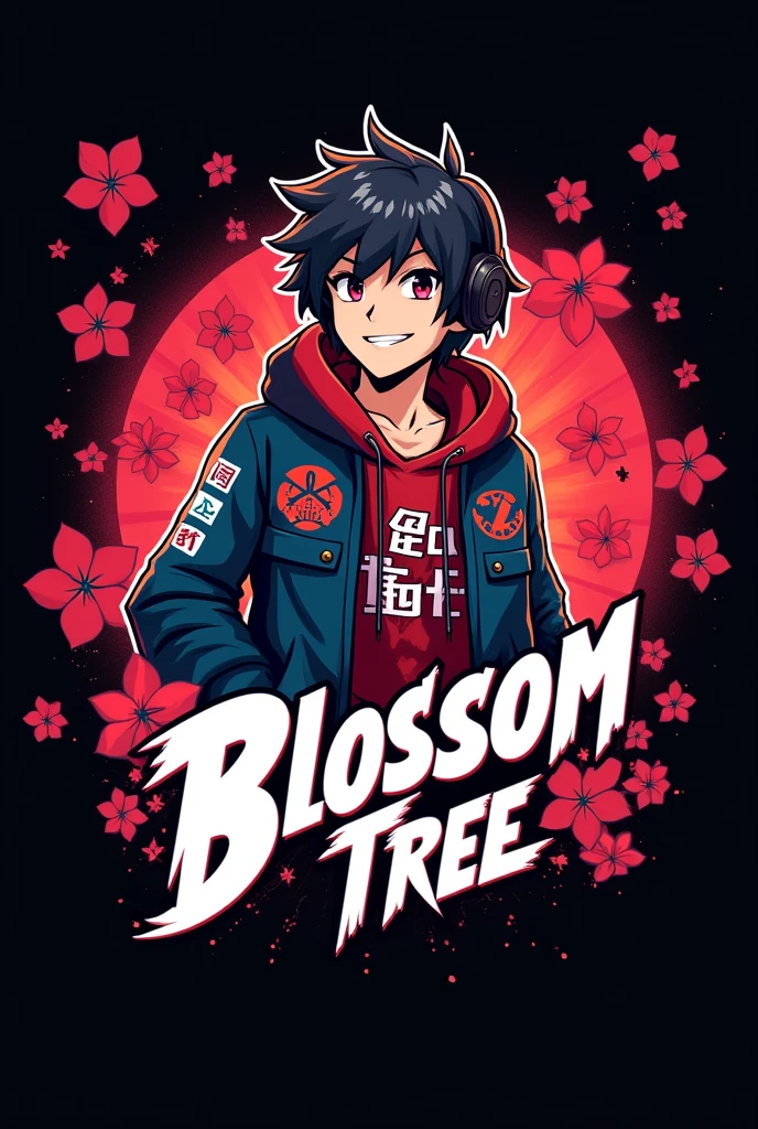 "Blossom Tree" text logo in white , red and some other colours with black background for a gamer boy in anime style