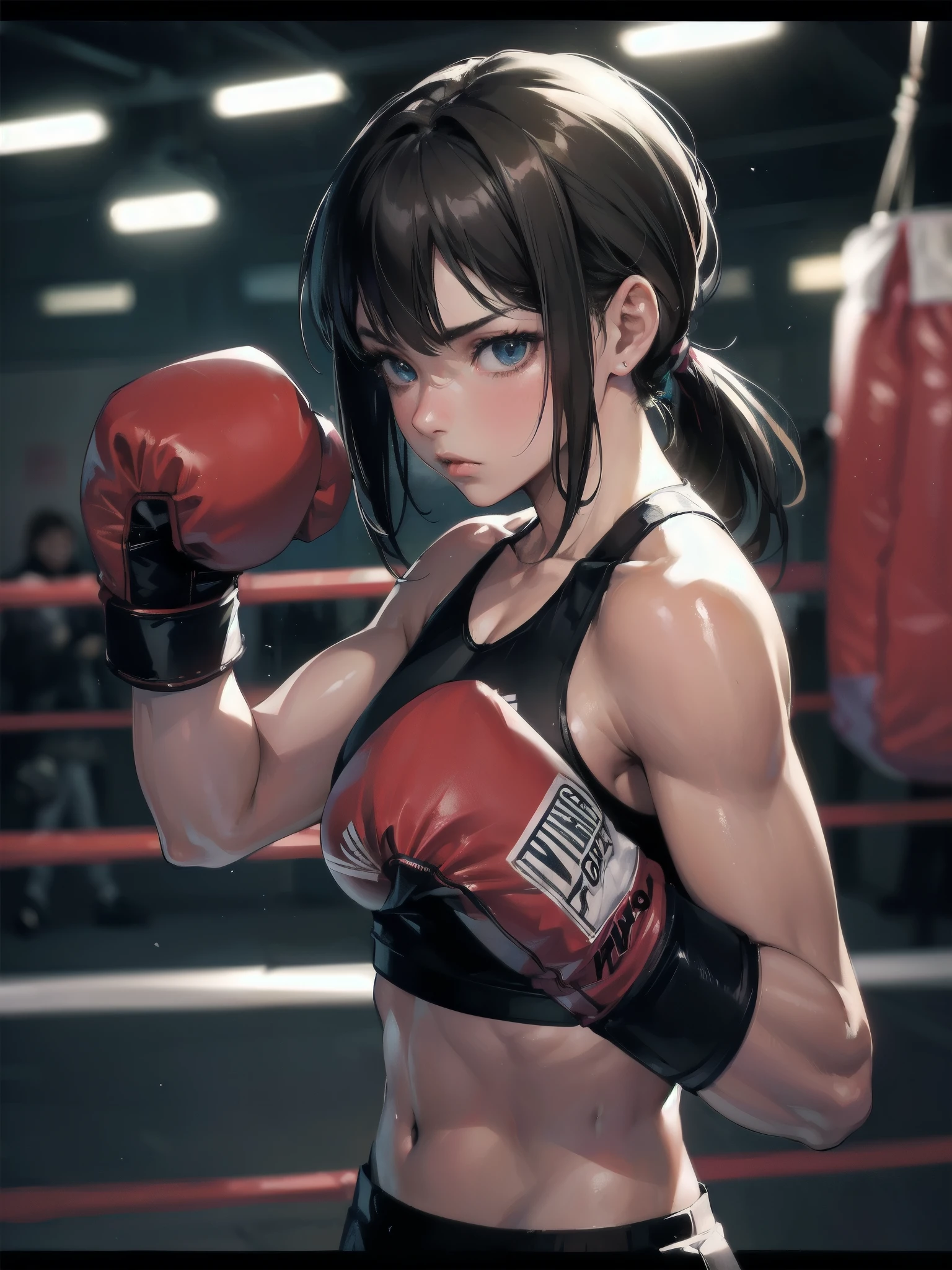 masterpiece, (textured skin), best quality, gorgeous beautiful girl, (a female boxing athlete), detailed clothes,large breasts,narrow waist,, (beautiful face), cinematic lighting, (at boxing venue ),