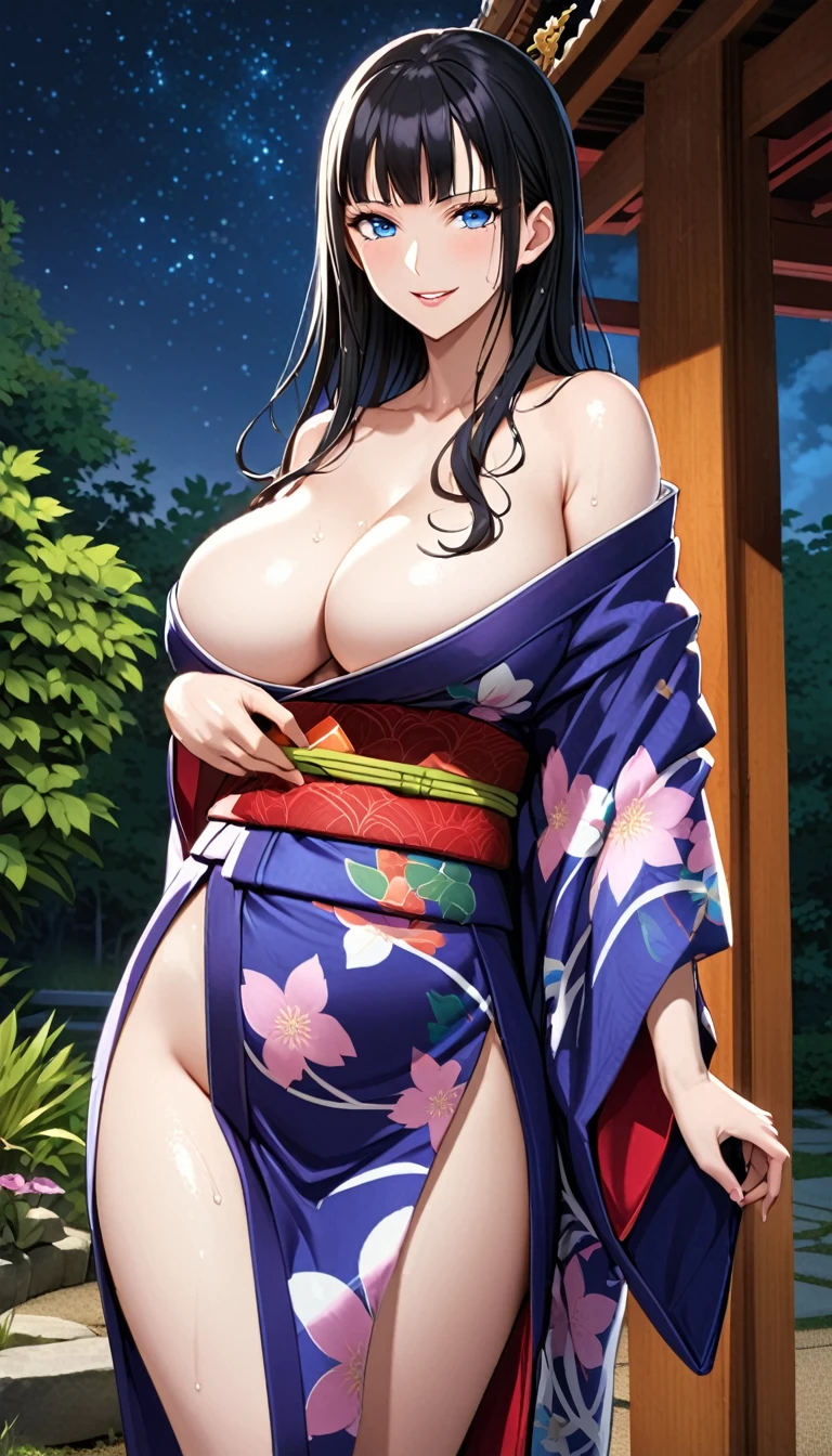 solo, long hair, breasts, looking at viewer, bangs, big breasts:1.5, hair ornament, cleavage, blue eyes, full body, clip on hair, laughter ,parted lips, japanese clothes, kimono, mole, mole under eye ,curve body,milf,motherly,mature female,night sky ,standing ,cross hand holding kimono,untied kimono, cowboy shot,kimono off the shoulder,oil skin, Milky white skin, ,wet hair, mercenary pose,face on front,big round breasts. slightly , slim body, sexy body, white skin, loose kimono ,face on camera , erotic pose,in a garden,nico robin one piece ,black hair