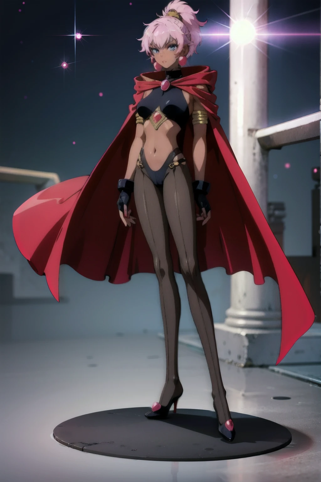 ((Full body photo, standing, feet on the floor))  CaldinaRayearth, 1girl, solo, blue eyes, black gloves, navel, jewelry, high ponytail, pink hair, pantyhose, earrings, midriff, dark skin, fingerless gloves, red cape, dark-skinned female, armlet,