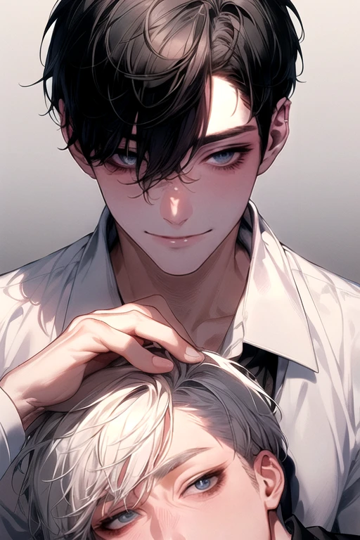 (Masterpiece), (Best Quality), Very detailed, (( a couple gay guy )), Perfect Face, Beautiful Face, Very detail, (short Black-haired man), (shor white-haired man)、white shirt, blood stain, long eyelashes, effection, open shirt, smile, shadow