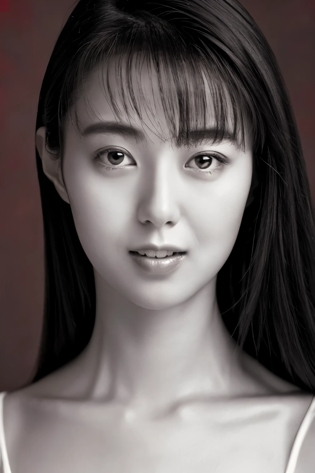 Masterpiece, Best Quality, Photorealsitic, Ultra-detailed, finely detail, high resolution, 8k wallpaper, Professional, high level of detail, ((monochrome photo)), 1girl in, Skinny Japanese woman, ((Facing the front)), ((Only lips are in Red)), Detailed clavicle, face perfect, straight hair, (look straight at a camera)