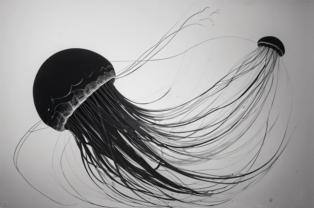 big,one jellyfish,monochrome,old painting,white background