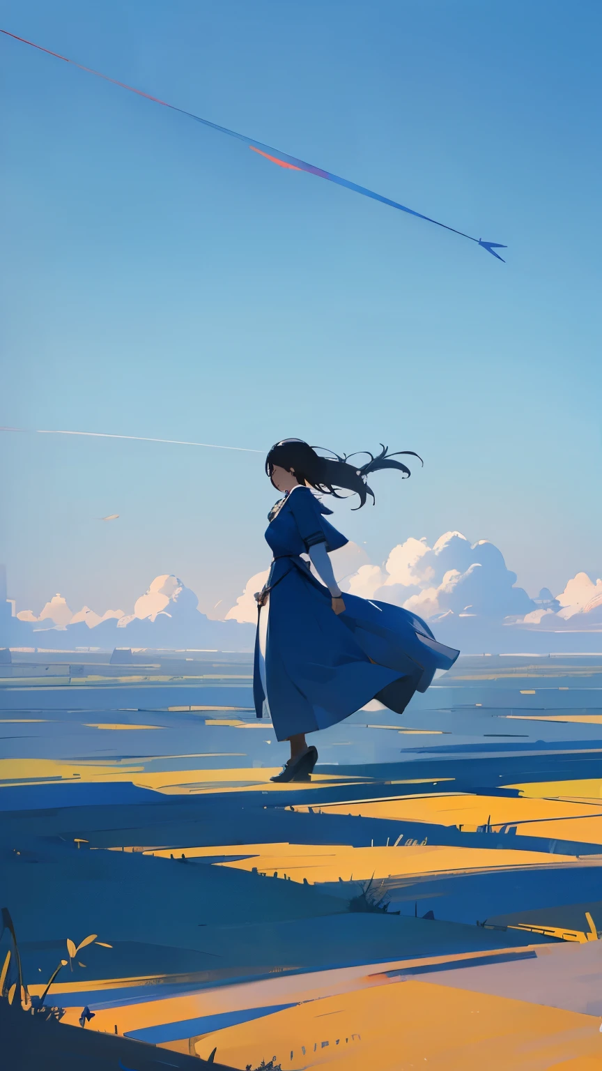 A woman walking on the plain、blue sky