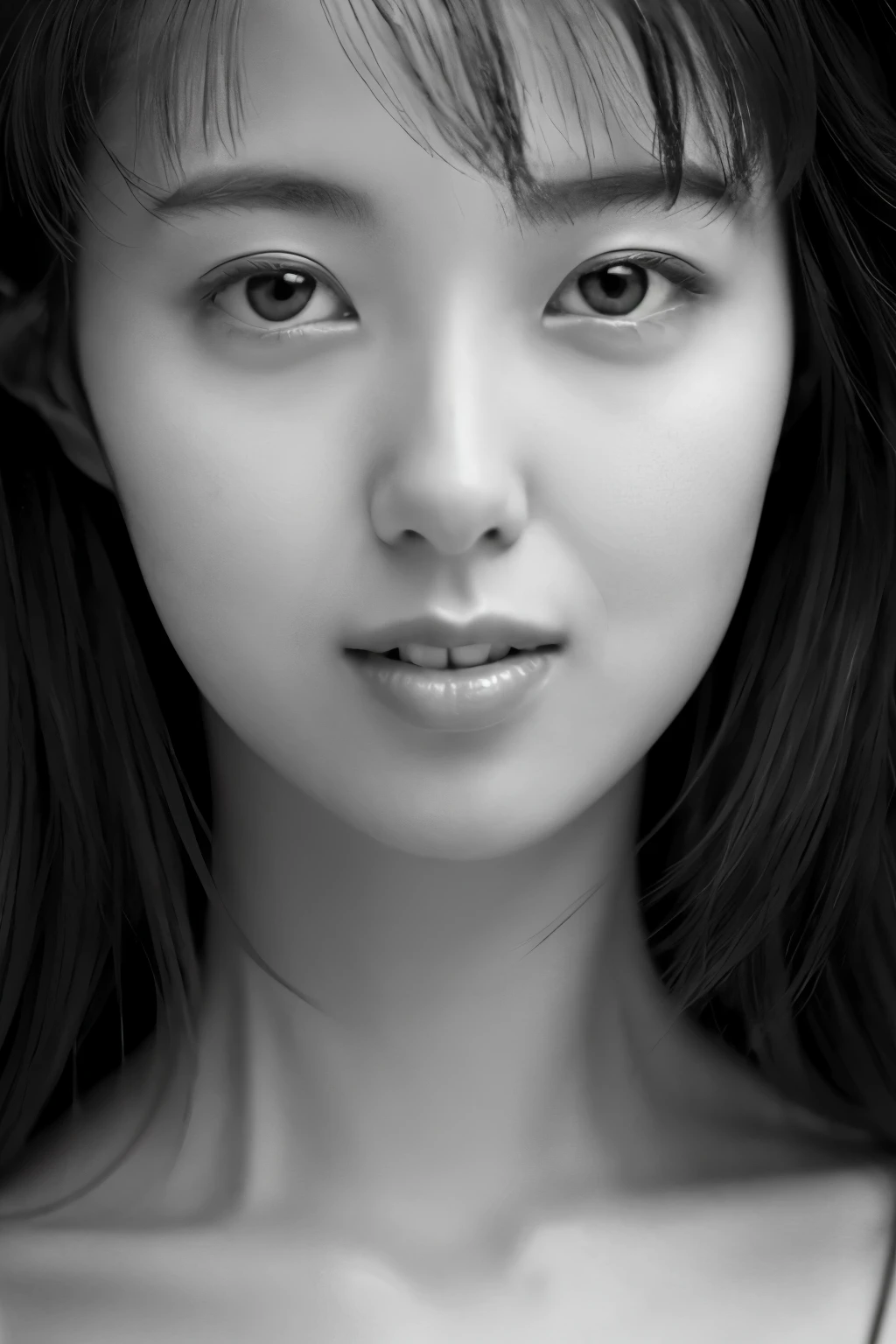 Masterpiece, Best Quality, Photorealsitic, Ultra-detailed, finely detail, high resolution, 8k wallpaper, Professional, high level of detail, ((monochrome photo)), 1girl in, Skinny Japanese woman, ((Facing the front)), ((Only lips are in Red)), Detailed clavicle, face perfect, straight hair, (look straight at a camera)