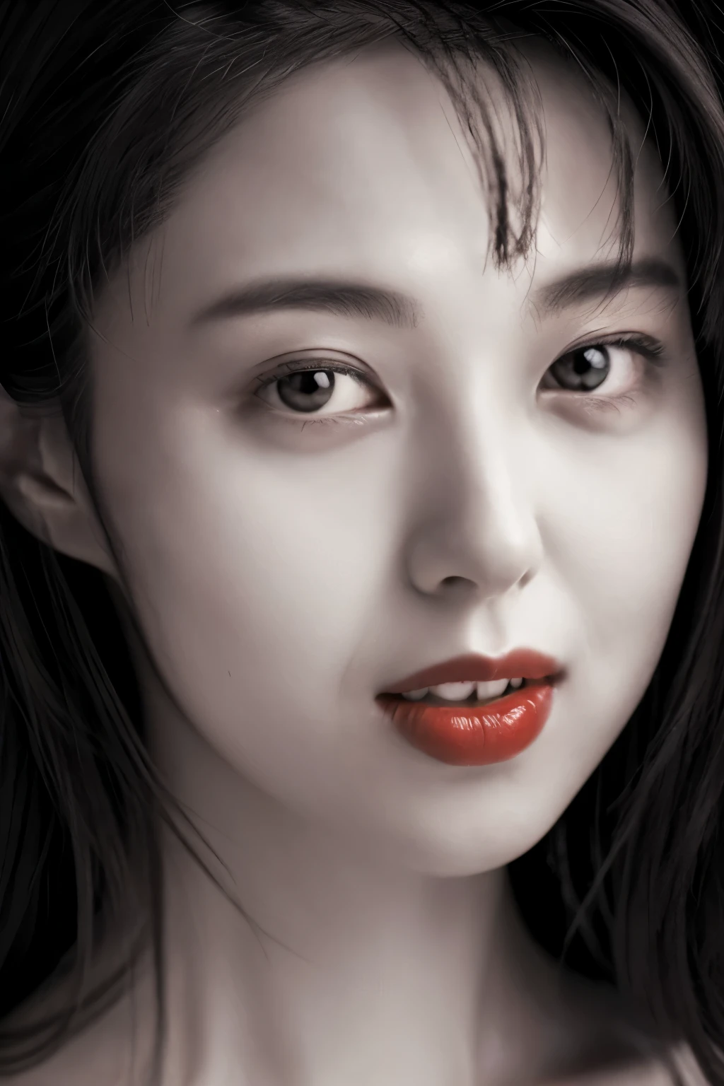 Masterpiece, Best Quality, Photorealsitic, Ultra-detailed, finely detail, high resolution, 8k wallpaper, Professional, high level of detail, ((monochrome photo)), 1girl in, Skinny Japanese woman, ((Facing the front)), ((Only lips are in Red)), Detailed clavicle, face perfect, straight hair, (look straight at a camera)