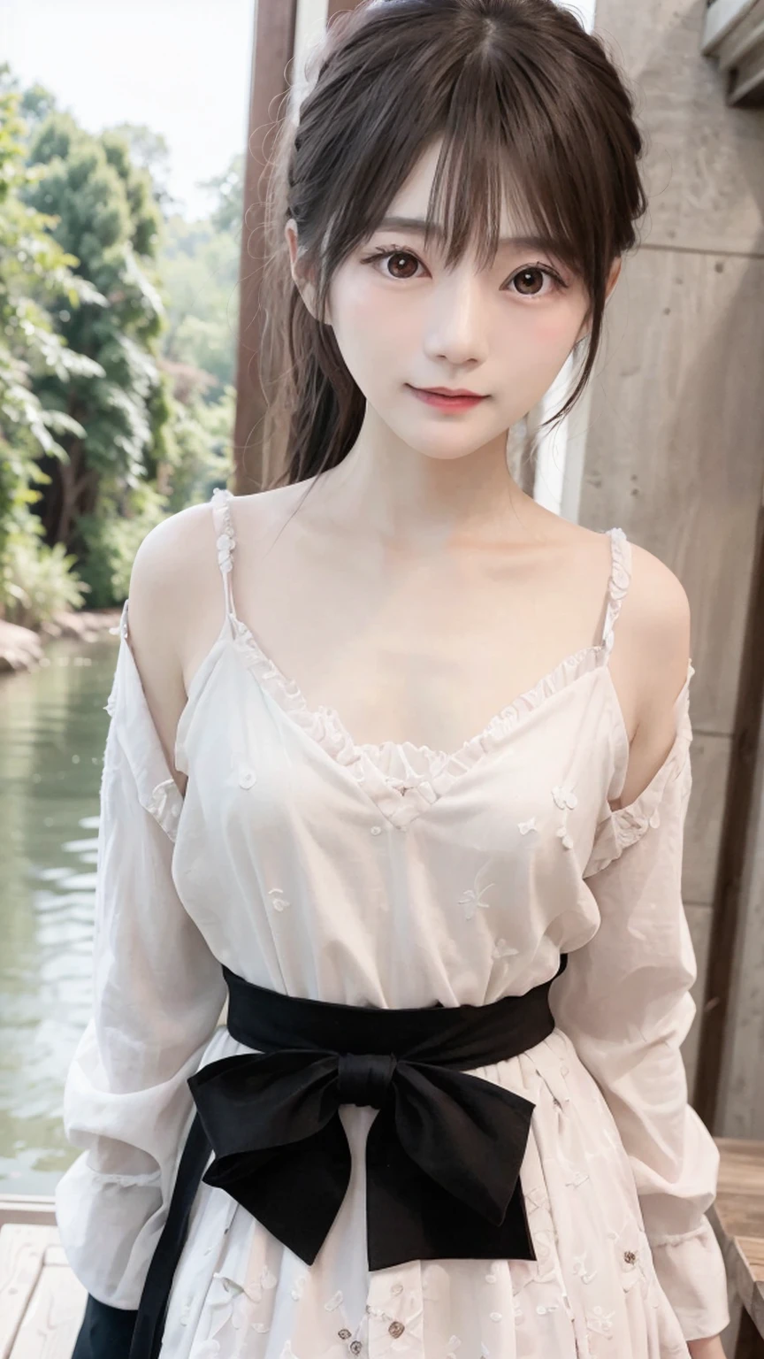 A super cute tsundere girl、Waist size is 21 inches、Expression of strong emotion、Big Breasts、A cute pleated skirt with an ultra-thin waist、Cute oversized shirt、A forest road along a river hidden from view、The highest standard of ultra-high definition full-body photos、(Small face)、No makeup、Sexy lips、Chignon hairstyle、