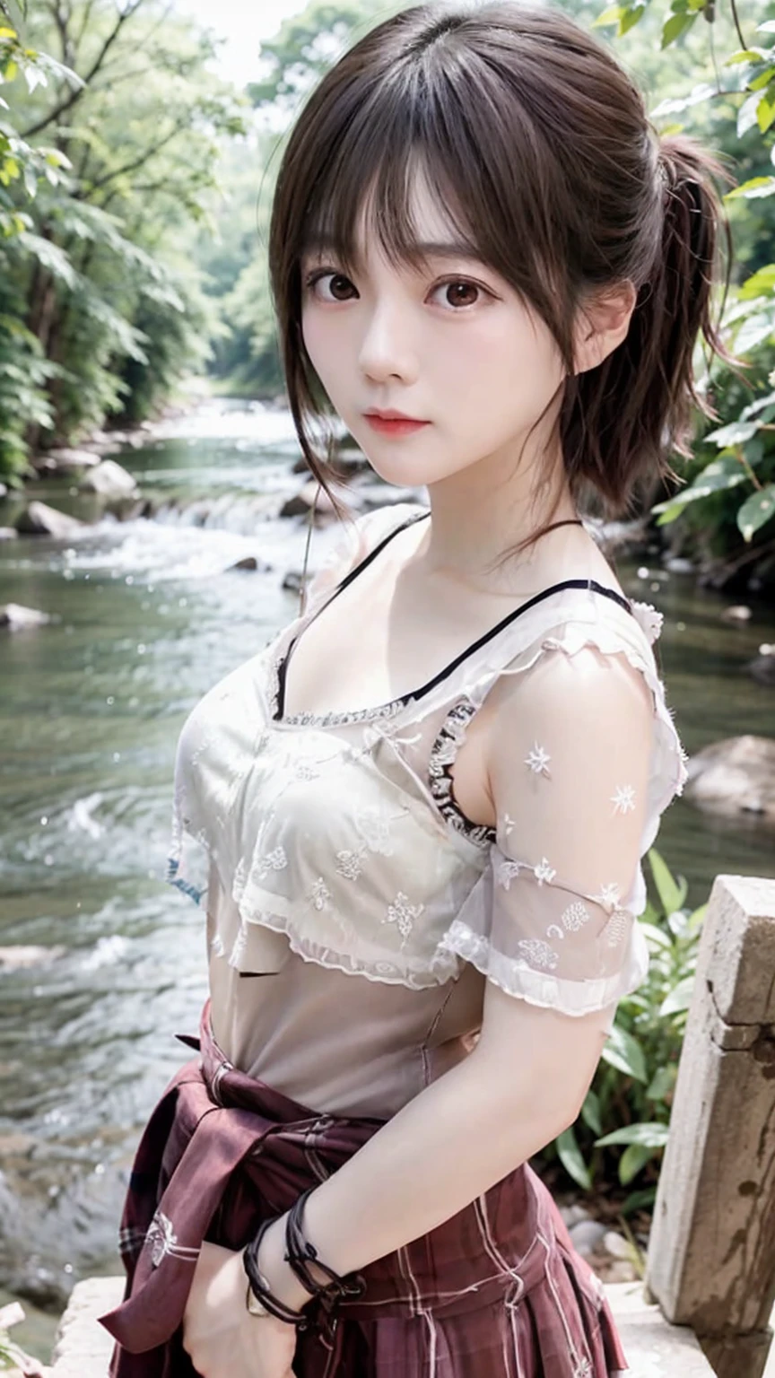 A super cute tsundere girl、Waist size is 21 inches、Expression of strong emotion、Big Breasts、A cute pleated skirt with an ultra-thin waist、Cute oversized shirt、A forest road along a river hidden from view、The highest standard of ultra-high definition full-body photos、(Small face)、No makeup、Sexy lips、Chignon hairstyle、