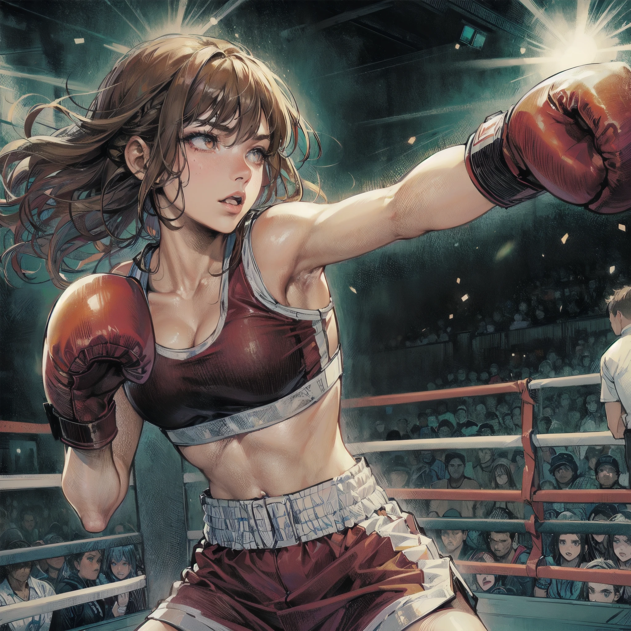  masterpiece, (textured skin), best quality, gorgeous beautiful girl, (a female boxing athlete), detailed clothes,large breasts,narrow waist,, (beautiful face), cinematic lighting, (at boxing venue ),