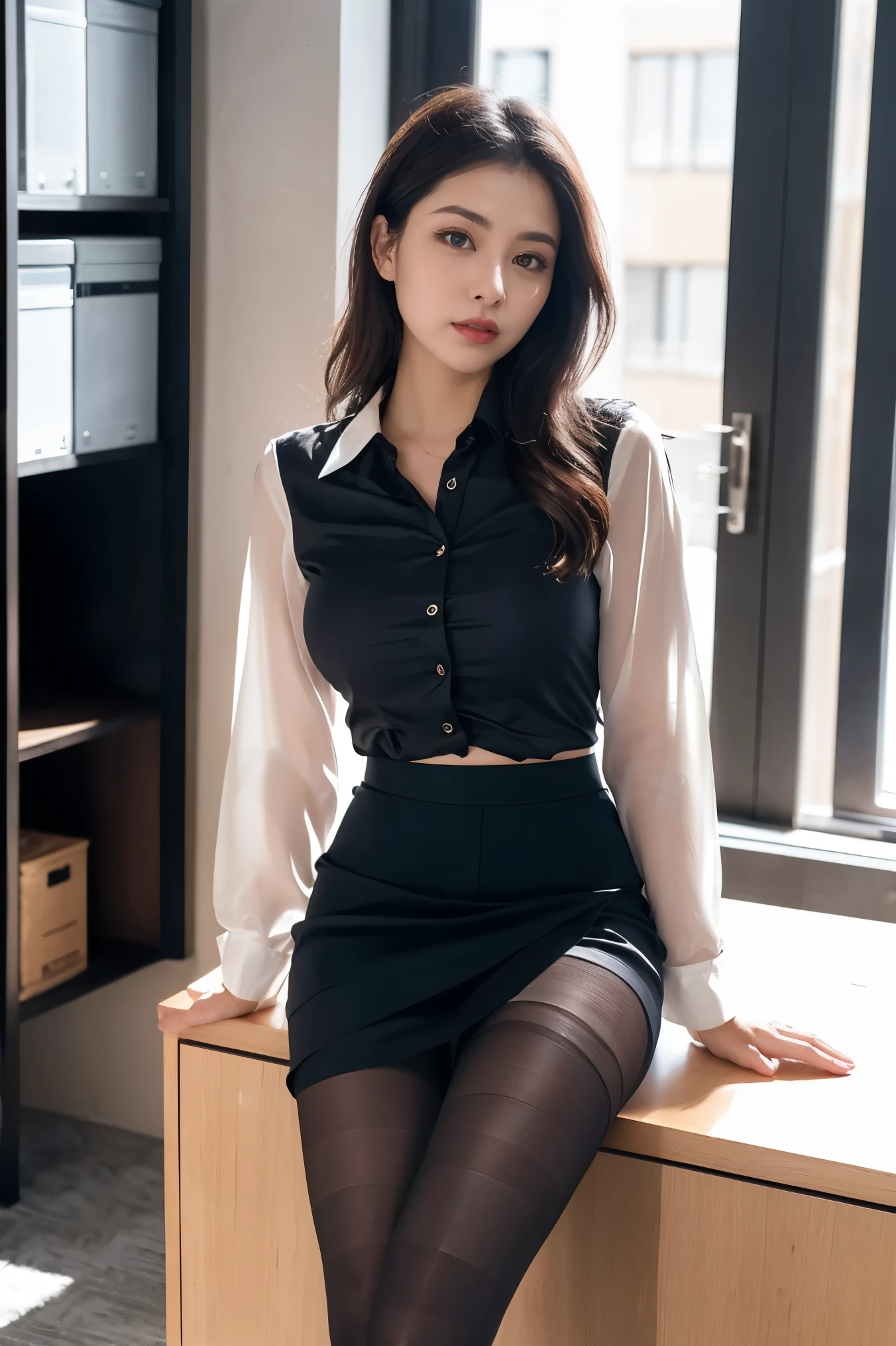 Astonishingly beautiful girl、Working in the office、(Business Fashion, Glossy Satin Blouse、No sleeve、flare skirt)、(Ultra-realistic pantyhose:1.3)、A sulky expression、((Bare thighs))