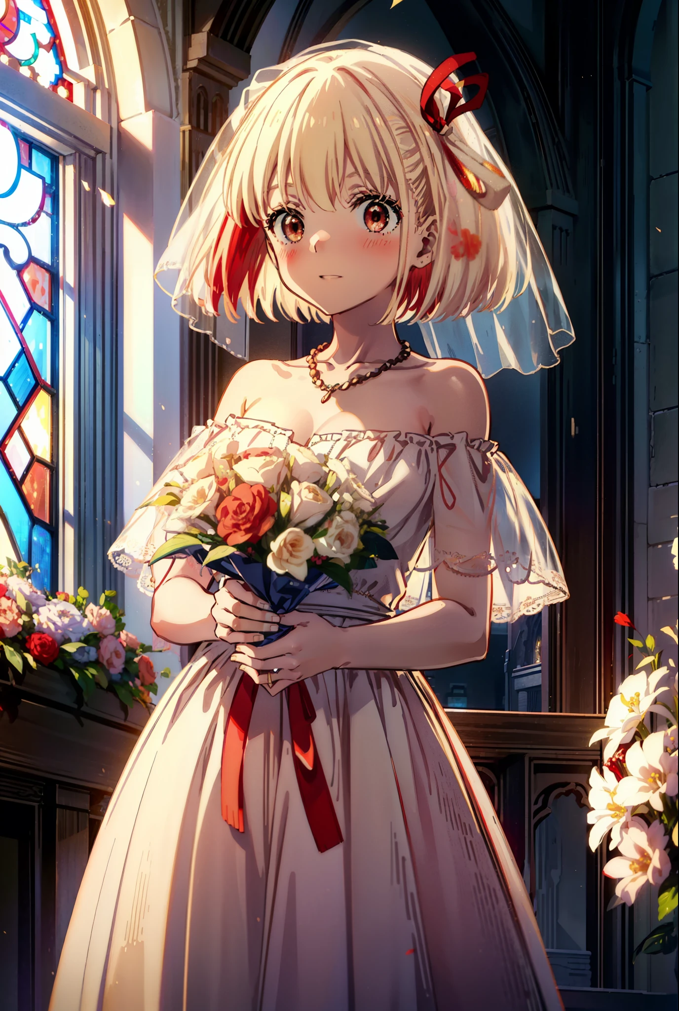 chisato nishikigi, short hair, bangs, blonde, (Red eyes:1.5), Hair Ribbon, One side up, Bobcut,Veil,off-the-shoulder wedding dresses,necklace,Veil,wedding long skirt,Stained glass,holding a bouquet of flowers in both hands,smile,blush,It's like being completely immersed in an illustration.,Daytime,sunny,
break indoors, Chapel,church,
break looking at viewer, Upper Body,(Cowboy Shot:1.5),
break (masterpiece:1.2), Highest quality, High resolution, unity 8k wallpaper, (shape:0.8), (Beautiful attention to detail:1.6), Highly detailed face, Perfect lighting, Highly detailed CG, (Perfect hands, Perfect Anatomy),