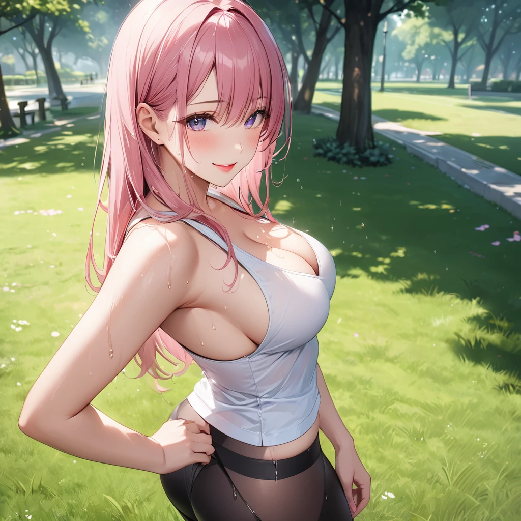 8k,Highly detailed CG unit wallpaper,masterpiece:1.2,Highest quality,Ultra-high resolution,RAW Photos,absurdres, 30 year old beautiful girl,mature female,Medium Breast,cleavage,Pink Hair,Long Hair,Cute like an idol,Beautiful eyes,lipstick,wet eyes,smile,White croptop,dark greay leggins,sweat,wet,grass,park,Opening the hip joint,standing,from back,from behind,