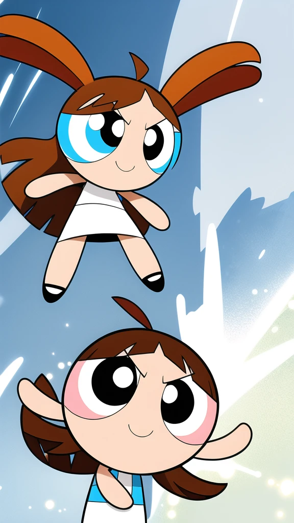 Brown long hair, smile, Little, whole body,One person, Brown eyes, White and blue dress