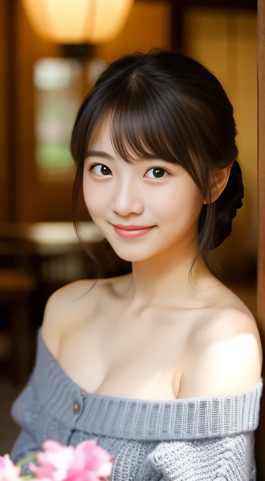 masterpiece,best quality,(Japanese girl),((Beautiful girl)),cleavage,(off shoulder:1.2),(perfect body beauty:1.2),(shy smile),From slightly above