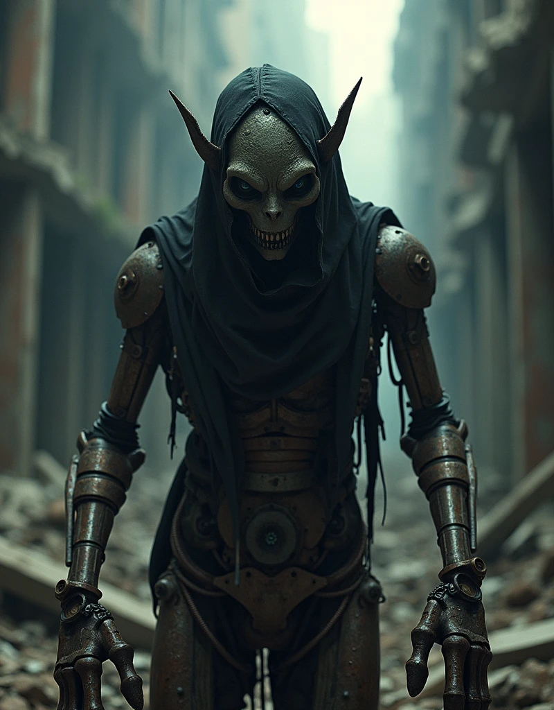 Cowboy shoot, gothic style photo, mechanical goblin, cyborg, black hood, rusty mechanical body, huge robotic hands, standing on rubble, looking at viewer, darkness, dim light