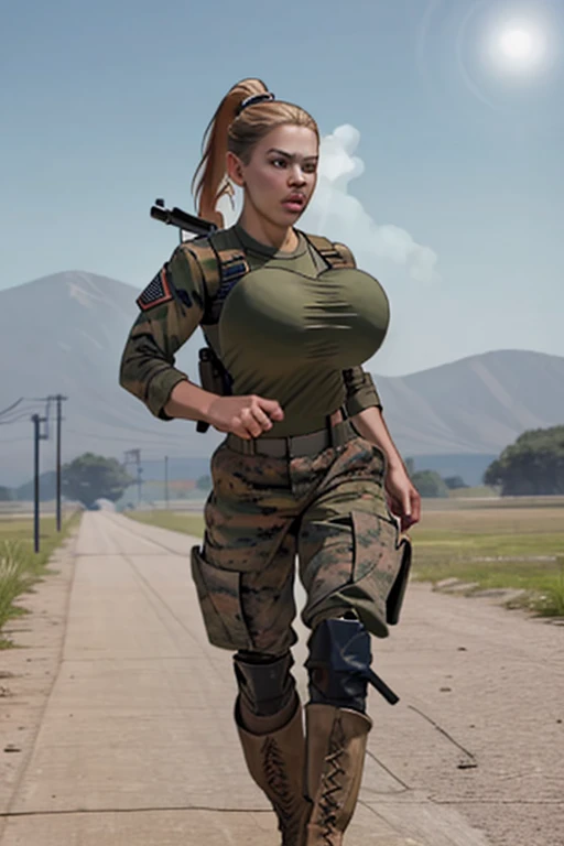 group of female soldiers, war photography, (cinematic lighting:1.1), highest quality, photo of (group of fully dressed really tanned 20yo sexy muscular female army special forces with taut clothing military top, ponytail hair, running holding a rifle), (bouncing breasts, motion lines, motion blur), too tight military shirt, medium_boltedontits, perfectly round breasts, breast implants, unaligned breasts, perfect face, parted lips, dumb expression, (wearing military Combat uniform, battlepack, boots:1.2), athletic body, on the battlefield, fake tits, bootsnutes