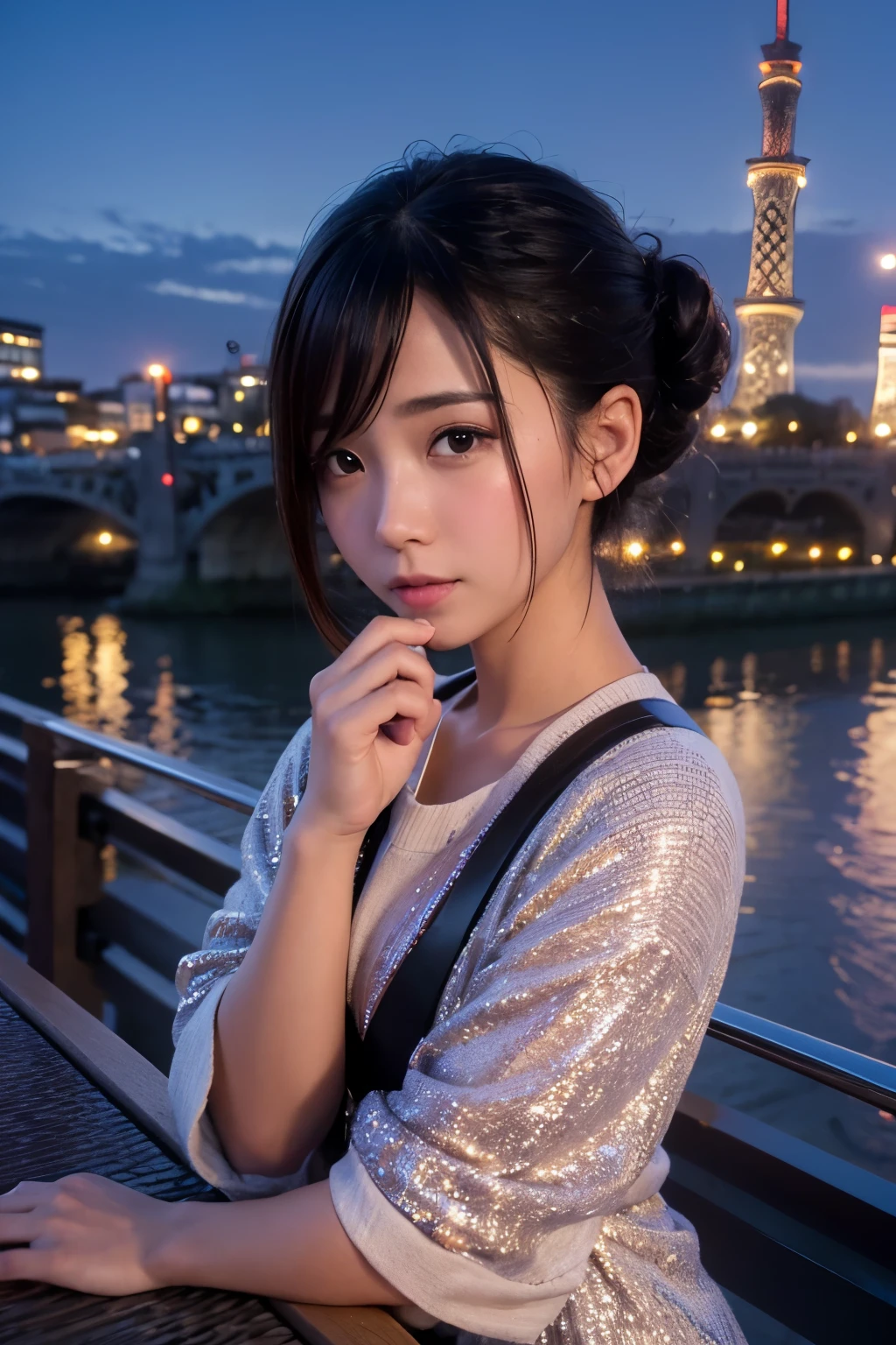 8k, RAW Photo, Best Quality, Masterpiece, Realistic, PhotoRealistic, Extremely Detailed 8k Wallpaper, Beautifully Detailed Eyes, Finely Detailed Face, 
 BREAK 
Professional Lighting, 
 BREAK 
(((s-bridge + t-skytree + s-river + cityscape + city lights + building + scenary + sparkle + night:1.8))), 
Perfectly Anatomically Correct:1.0, 5 Beautiful Thin Finger:1.0, 
 BREAK 
1 Girl, 
Very Short Hair Bun:1.2, Symmetrical Clear Eyes:1.1, Captivating Eye Reflections:1.1, 
[Kawaii, Japanese], Wide-Set Eyes, Big Eyes, Almond-Shaped Eyes, tareme, Double Eyelids, Eye Bags, (White Skinned), Blush, Embarrassed, 17-Year-Old, 
(Round Face), [[Chiseled Face]], (Round Chin), Thin Lips, [Small Nose], (Wet Hair), [Messy Hair], Open Mouse Slightly, [Pouted Cheek], 
Clothing Random SHIMAMURA Tops + Bottoms, 
Looking Back Viewer, 
 BREAK 
SFW:1.0, 
 BREAK 
Long Shot:1.2, bokeh:1.4