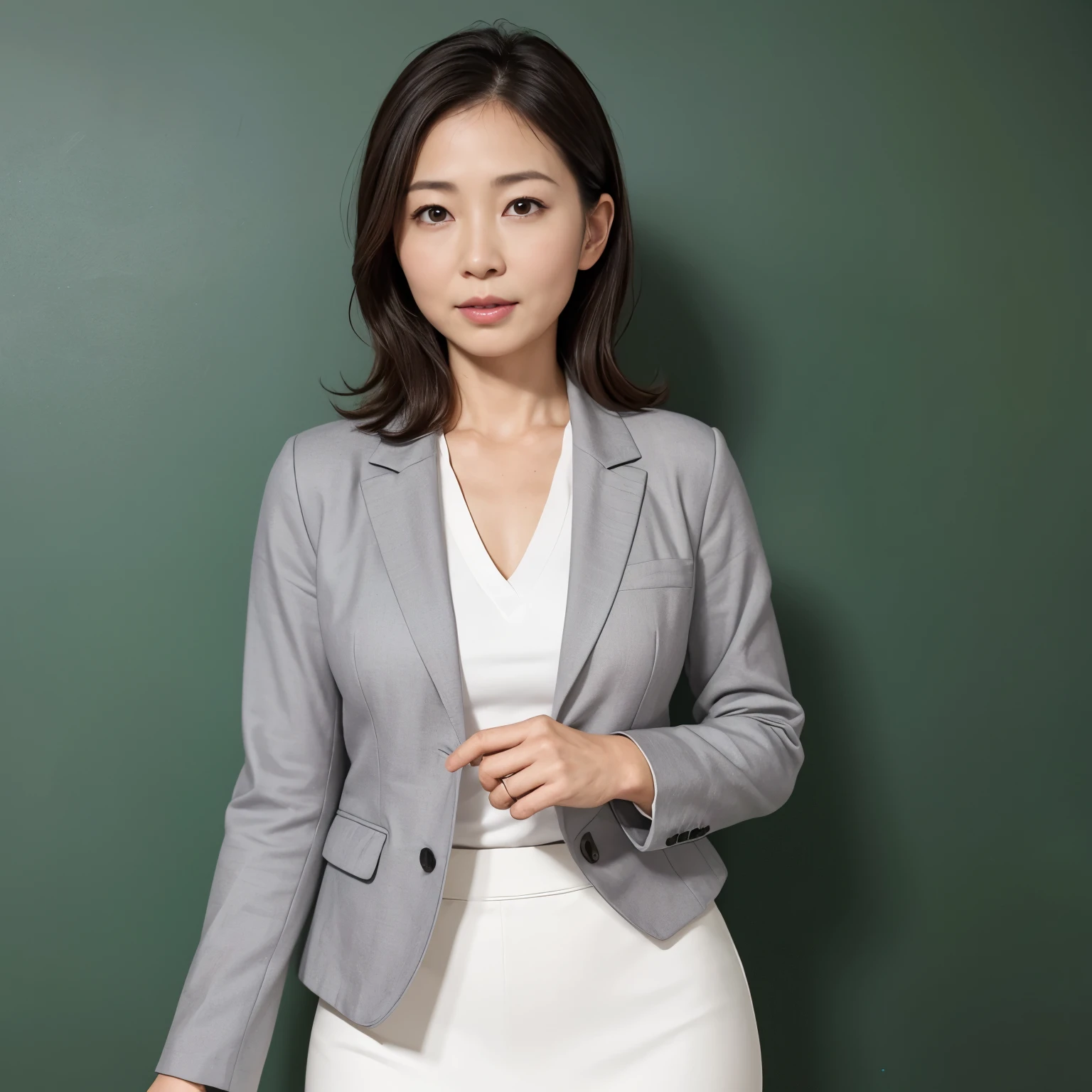 High resolution, High level image quality, high detail, masterpiece, rough skin, anatomically correct, sharp, 
classroom background, ((japanese mature, 40 years old)), solo, ((facial wrinkles)), Straight light brown hair that reaches to the shoulders, 
(((writing on the blackboard,))), Staring straight ahead with an open mouth and a tired face, 
((gray blazer, white blouse, white skirt,)) 