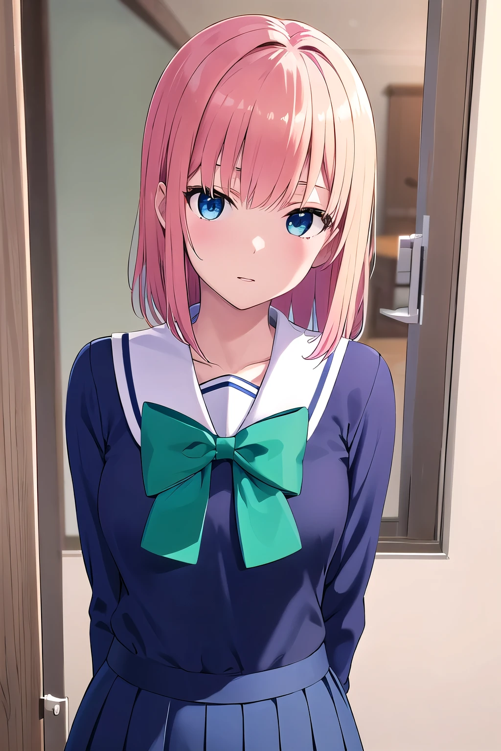 KaiouMichiru,  medium breasts, standing, solo, green_sailor_senshi_uniform_blue_bowtie_blue_backbow_green_skirt, masterpiece, best quality, detailed face, detailed eyes, highres,

