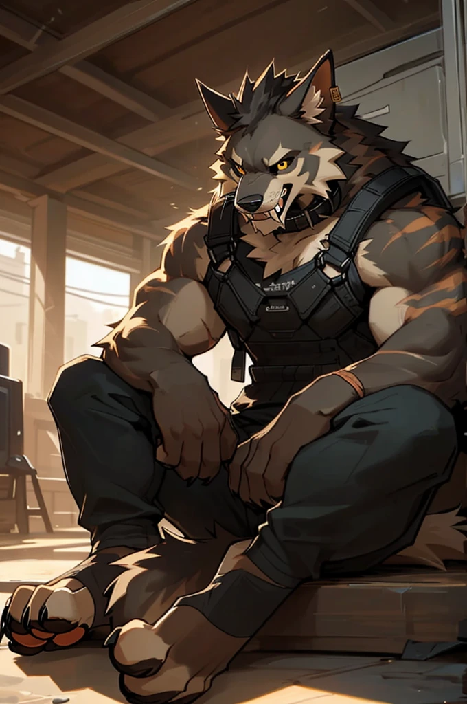 furry, anthro, ((sabertooth werewolf, werewolf ears, fluffy werewolf tail)), ((dark grey and white fur)), messy fur, neck floof, scars covering body, ((black sclera, yellow pupils)), razor sharp teeth, ((giant saberteeth, long saberteeth, muscular body, handsome, sexy, feral, monsterous, intimidating, scary, pawpads, black pawpads)), wearing a black vest,military K-9 unit tactical harness, dog collar, an ear tag, black tactical pants and black stirrup socks, sitting inside a military base, ((best quality, 4K, UHD, masterpiece))