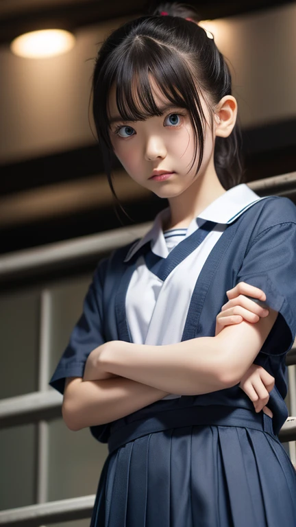 8k、cute、Adult、((prison)), uniform、Very angry、rage、Glare、Arms crossed、((((from below)))), ((looking down)), ((looking at viewer)), female standing,
