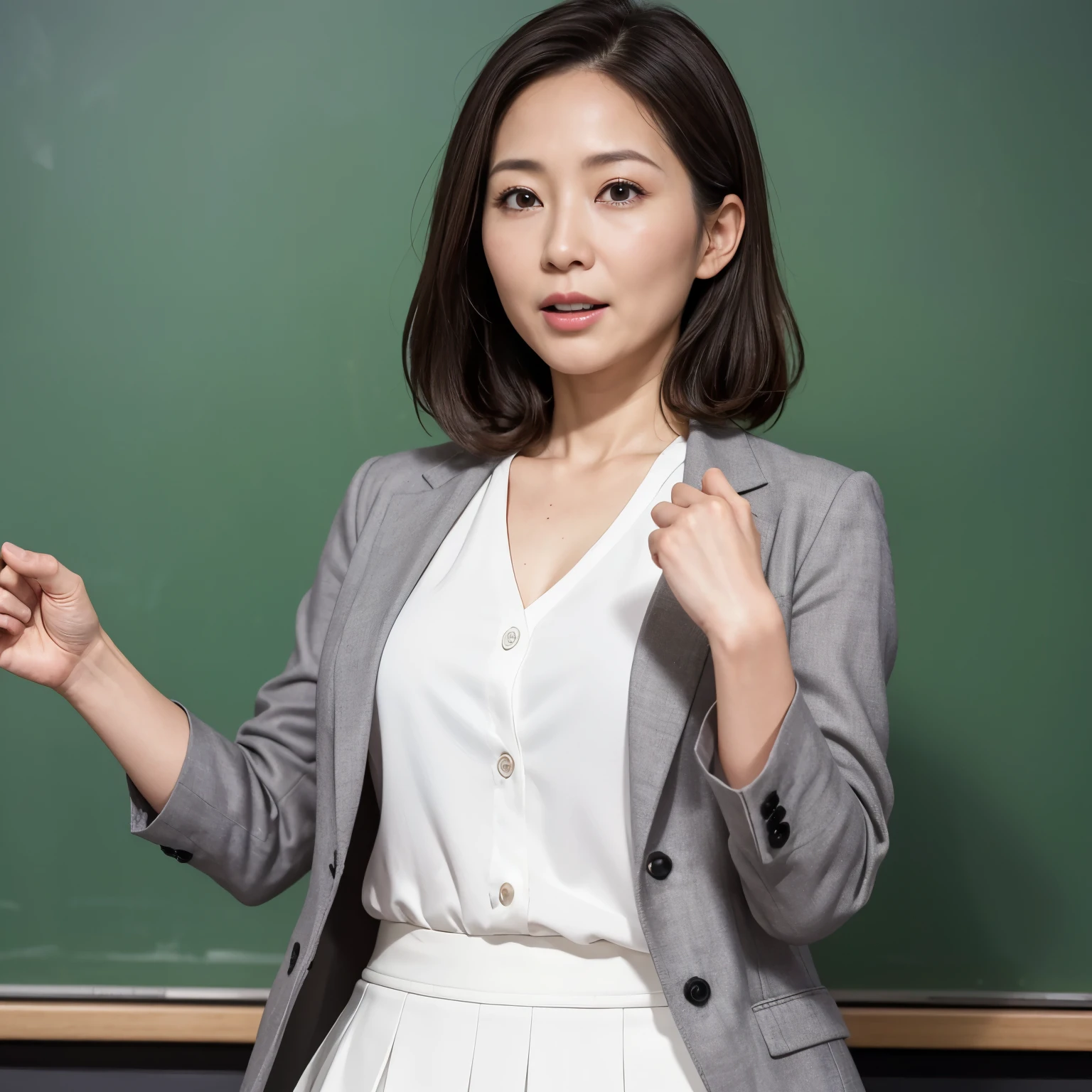 High resolution, High level image quality, high detail, masterpiece, rough skin, anatomically correct, sharp,
classroom background, ((japanese mature, 40 years old)), solo, ((facial wrinkles)), Straight light brown hair that reaches to the shoulders,
(((writing on the blackboard,))), Staring straight ahead with an open mouth and a tired face,
((gray blazer, white blouse, white skirt,))